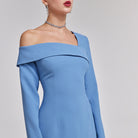 Off - Shoulder Blue Crepe Evening Gown - shopaleena