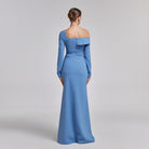 Off - Shoulder Blue Crepe Evening Gown - shopaleena