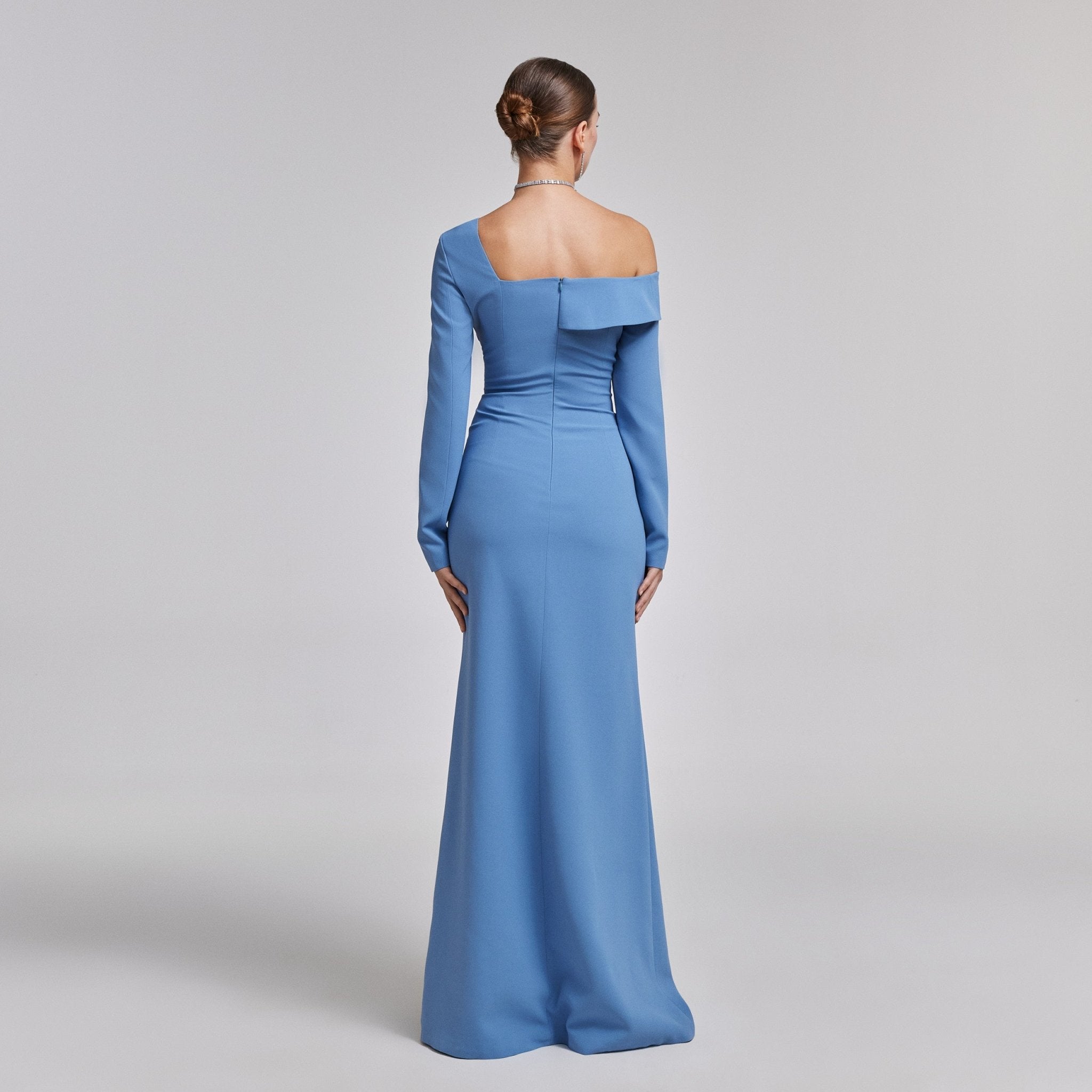 Off - Shoulder Blue Crepe Evening Gown - shopaleena