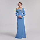 Off - Shoulder Blue Crepe Evening Gown - shopaleena