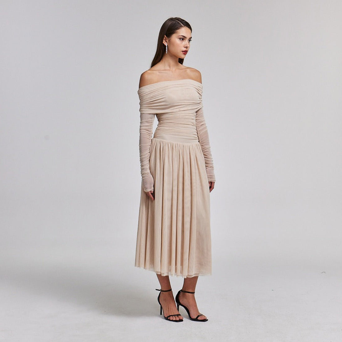 Off Shoulder Gathered Waist Midi Dress - shopaleena