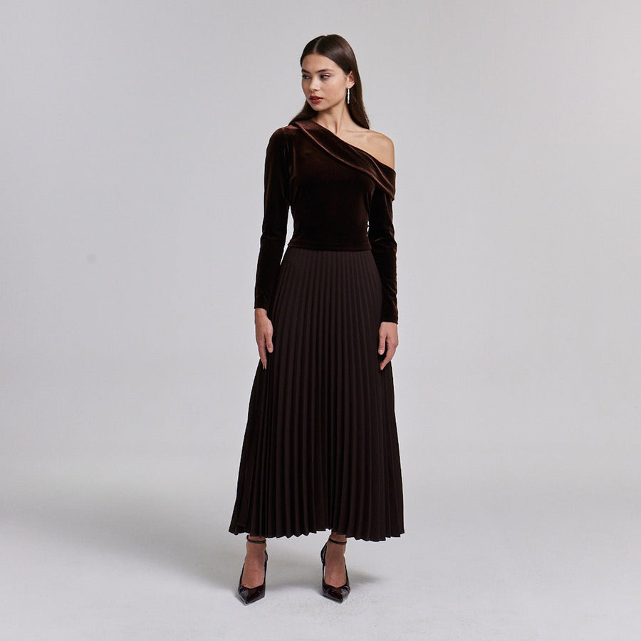 Off Shoulder Long Sleeve Velvet Maxi Dress - shopaleena