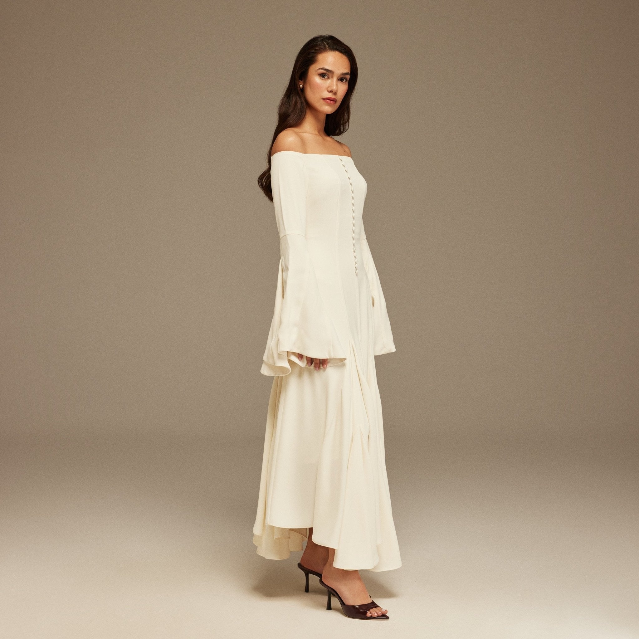 Off White Off - Shoulder Aline Midi Crepe Dress - shopaleena