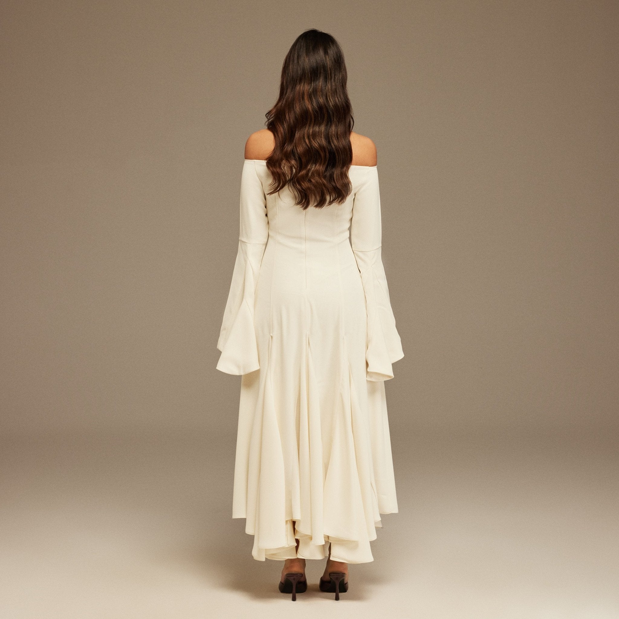 Off White Off - Shoulder Aline Midi Crepe Dress - shopaleena