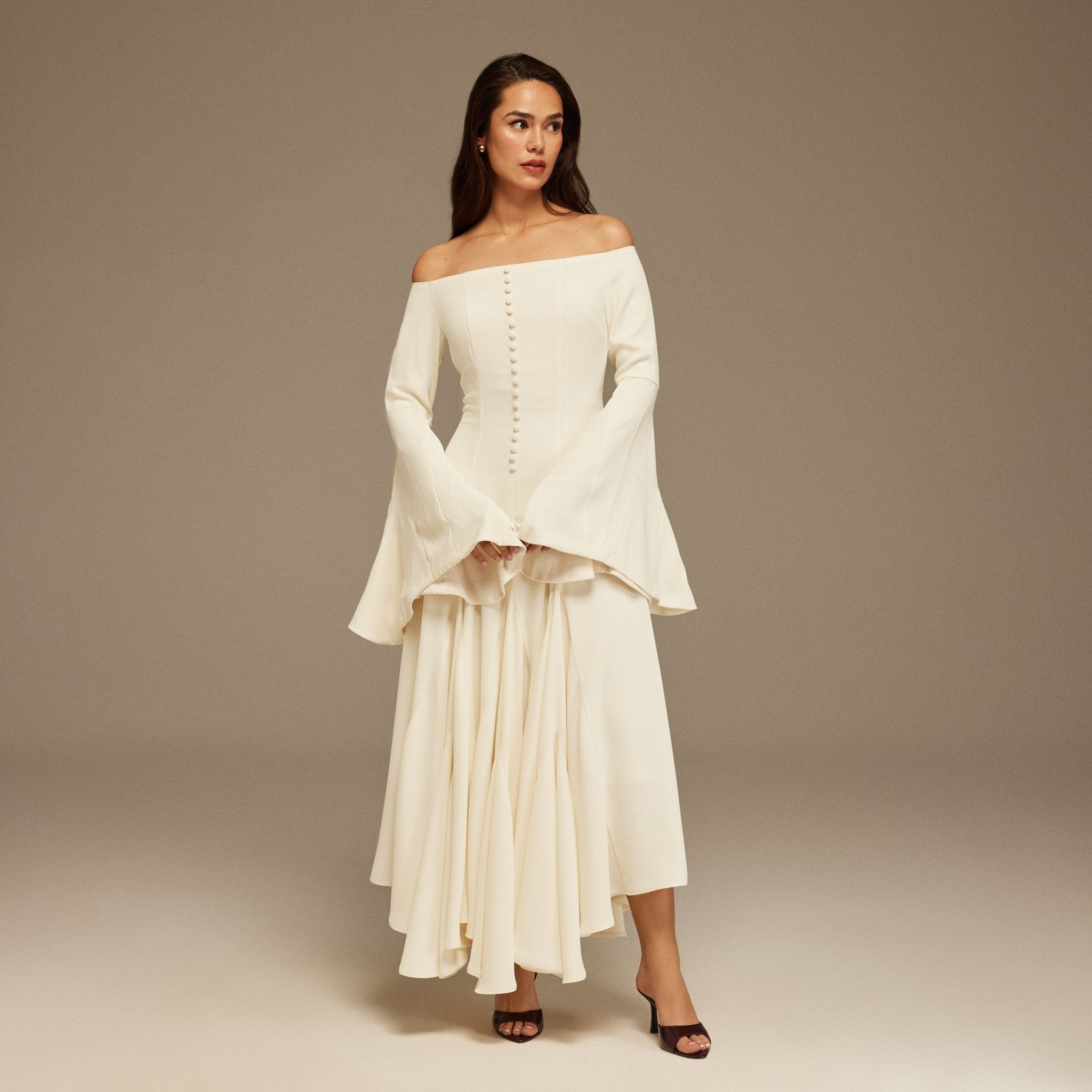 Off White Off - Shoulder Aline Midi Crepe Dress - shopaleena