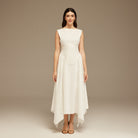 Off White Sleeveless Crepe And Chiffon Pleated Dress - shopaleena