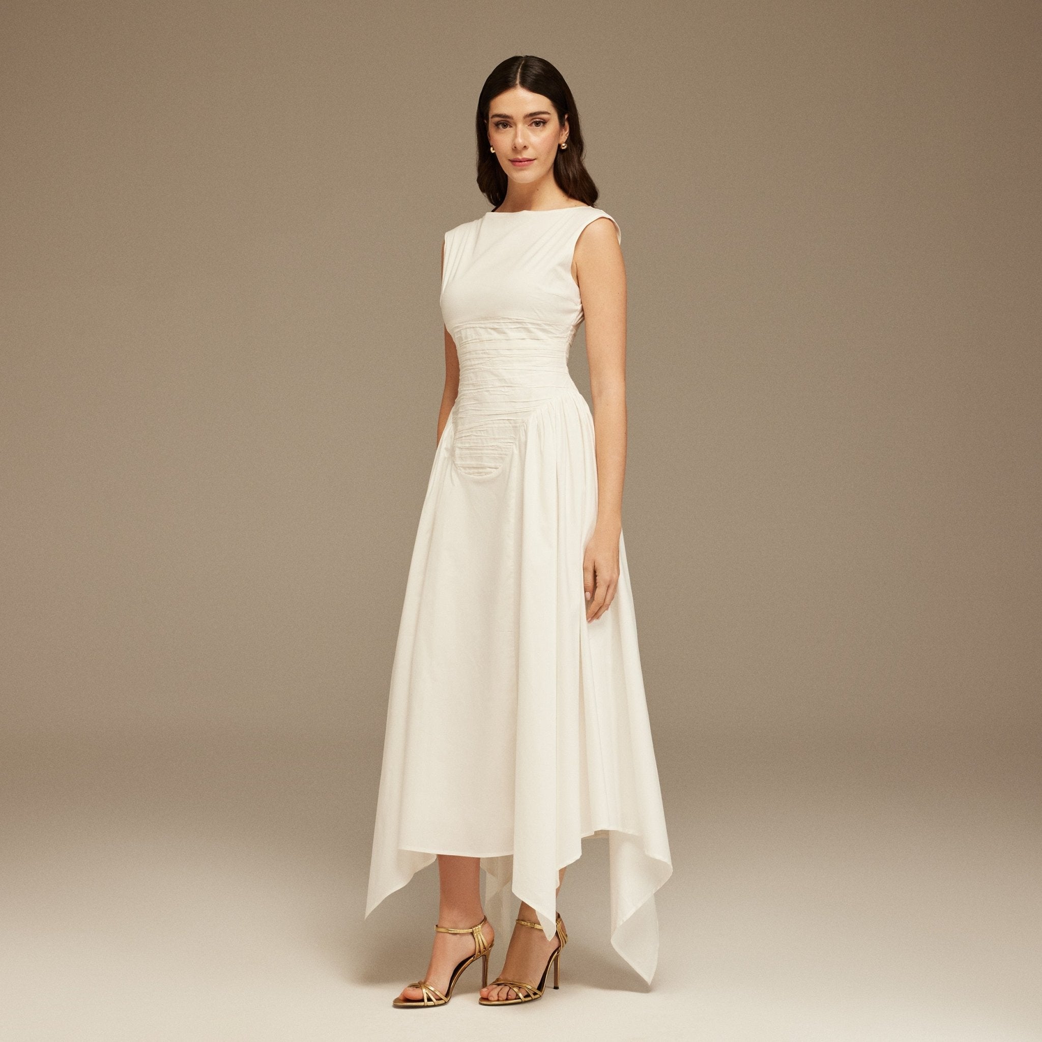 Off White Sleeveless Crepe And Chiffon Pleated Dress - shopaleena