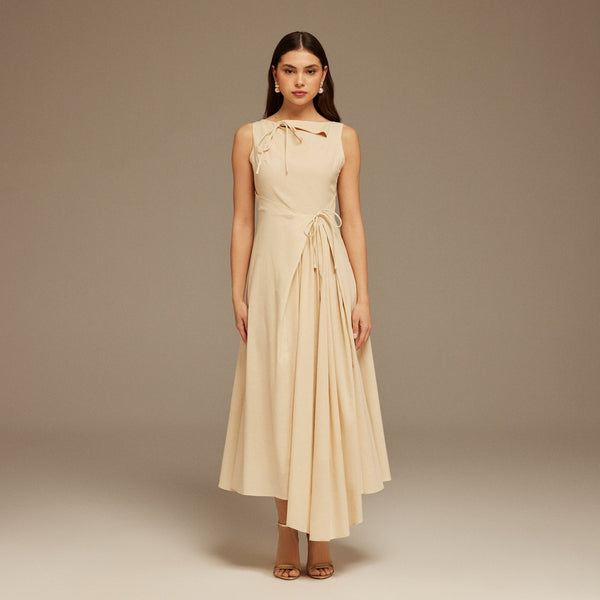 Beige Sleeveless Midi Dress With Decorative Bows – shopaleena