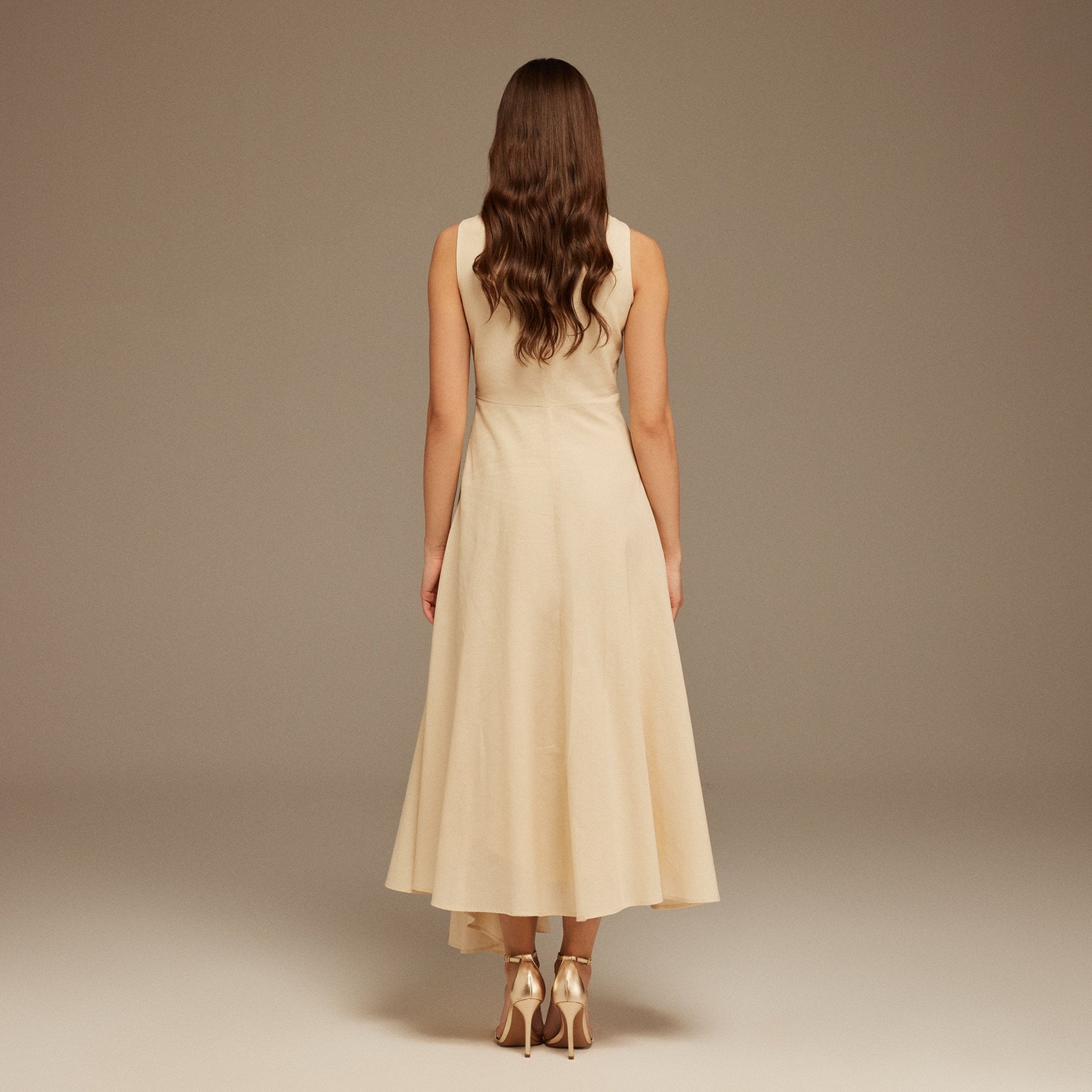 Off White Sleeveless Midi Dress With Decorative Bows - shopaleena