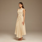 Off White Sleeveless Midi Dress With Decorative Bows - shopaleena