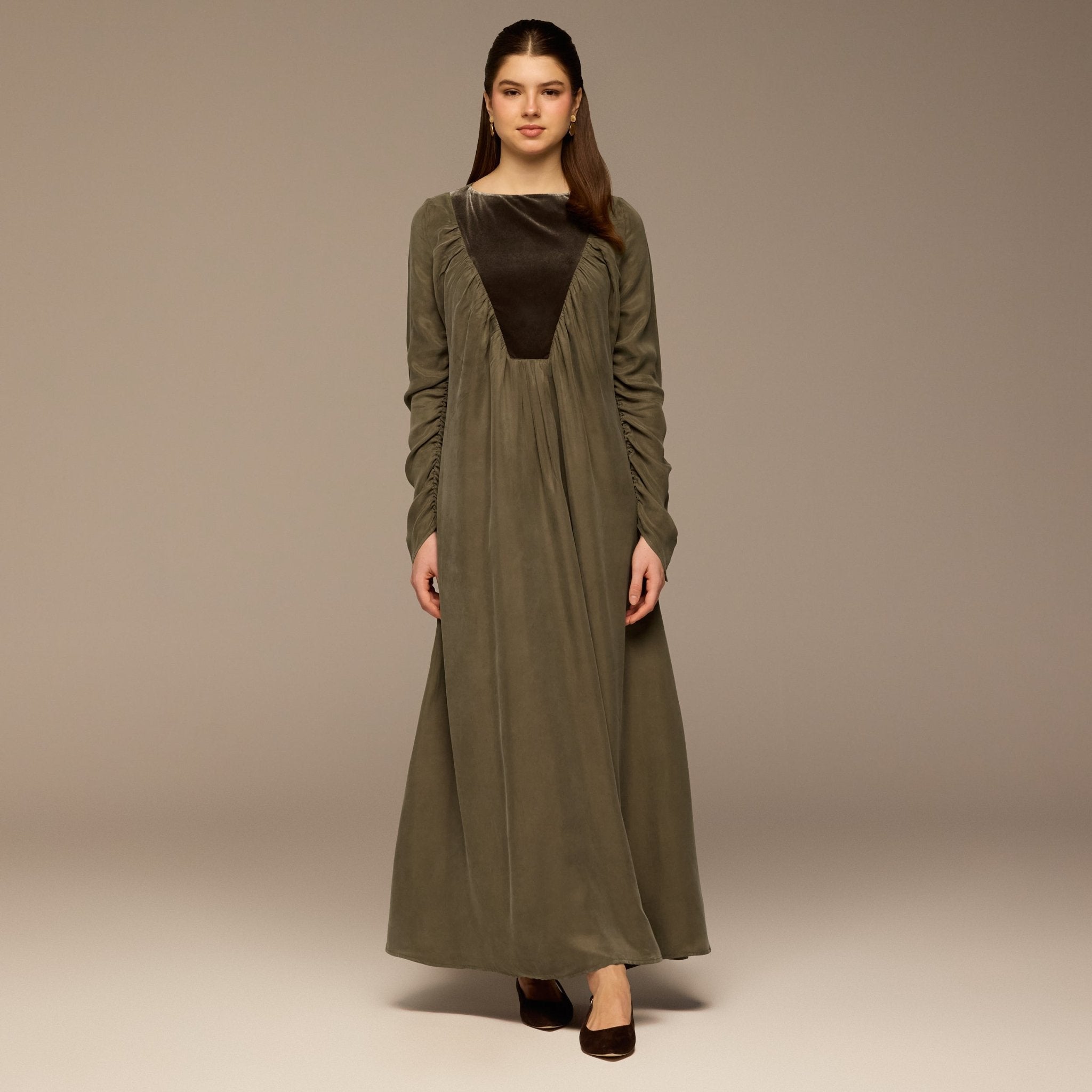 Olive Cupro Dress with Velvet Panel Detail - shopaleena