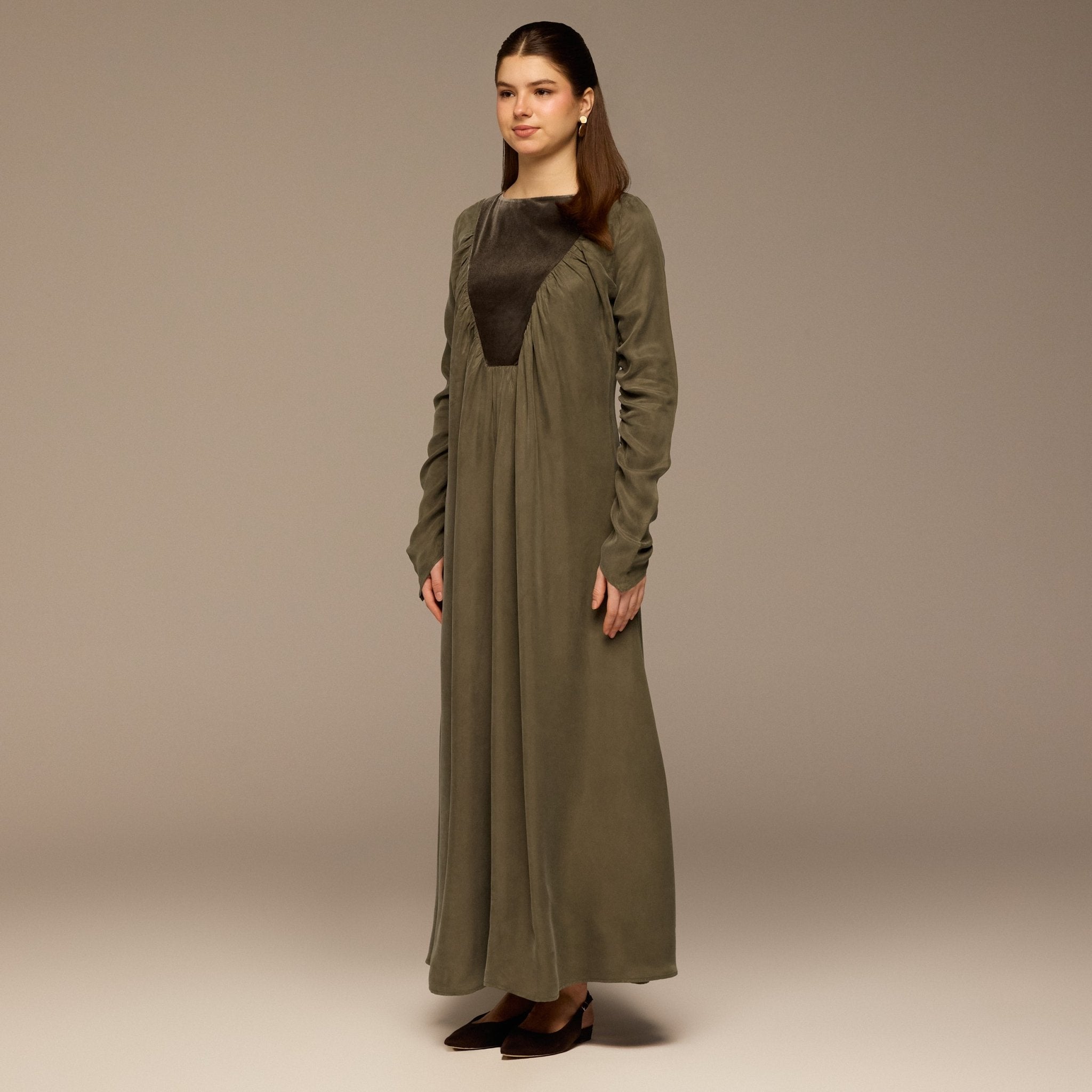 Olive Cupro Dress with Velvet Panel Detail - shopaleena