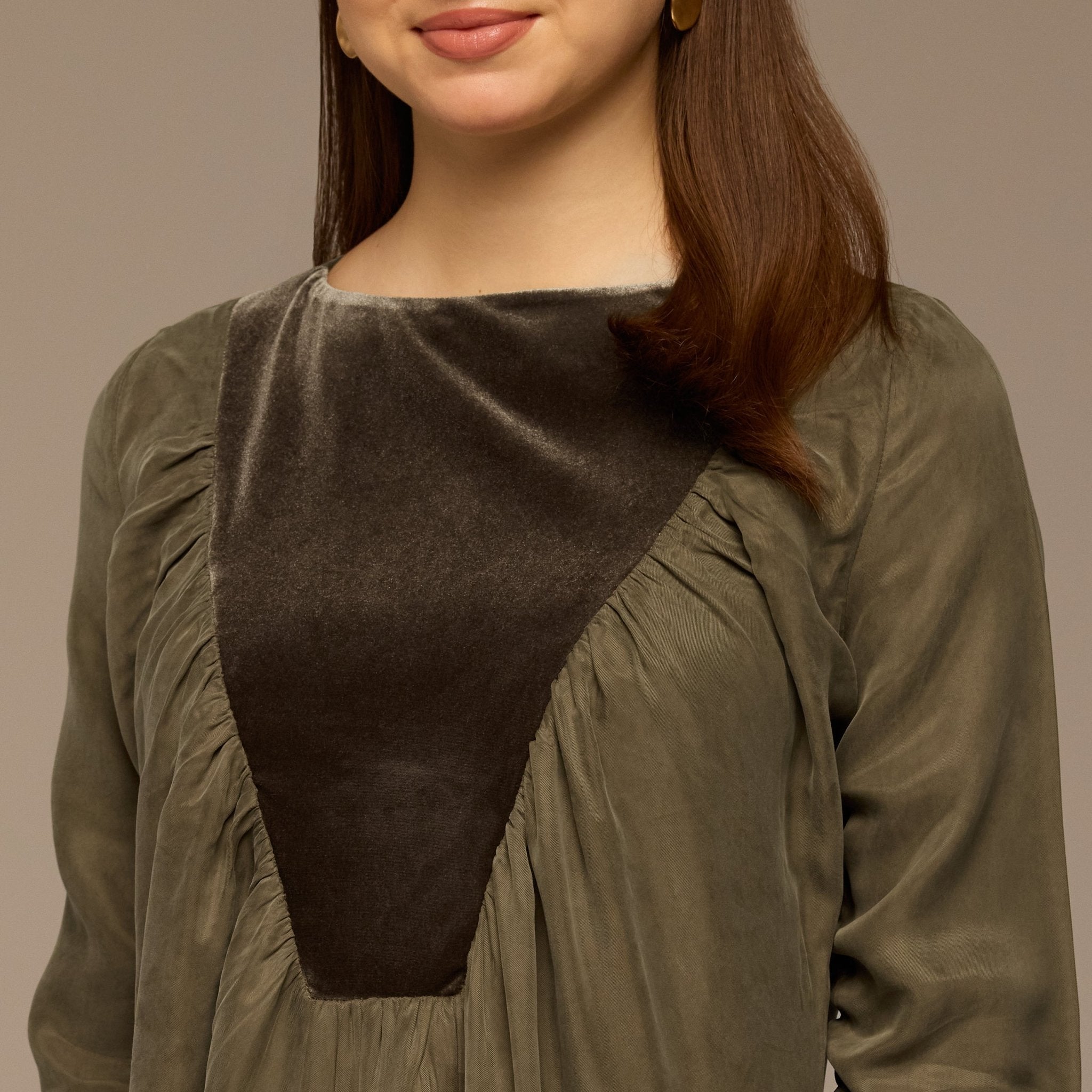 Olive Cupro Dress with Velvet Panel Detail - shopaleena