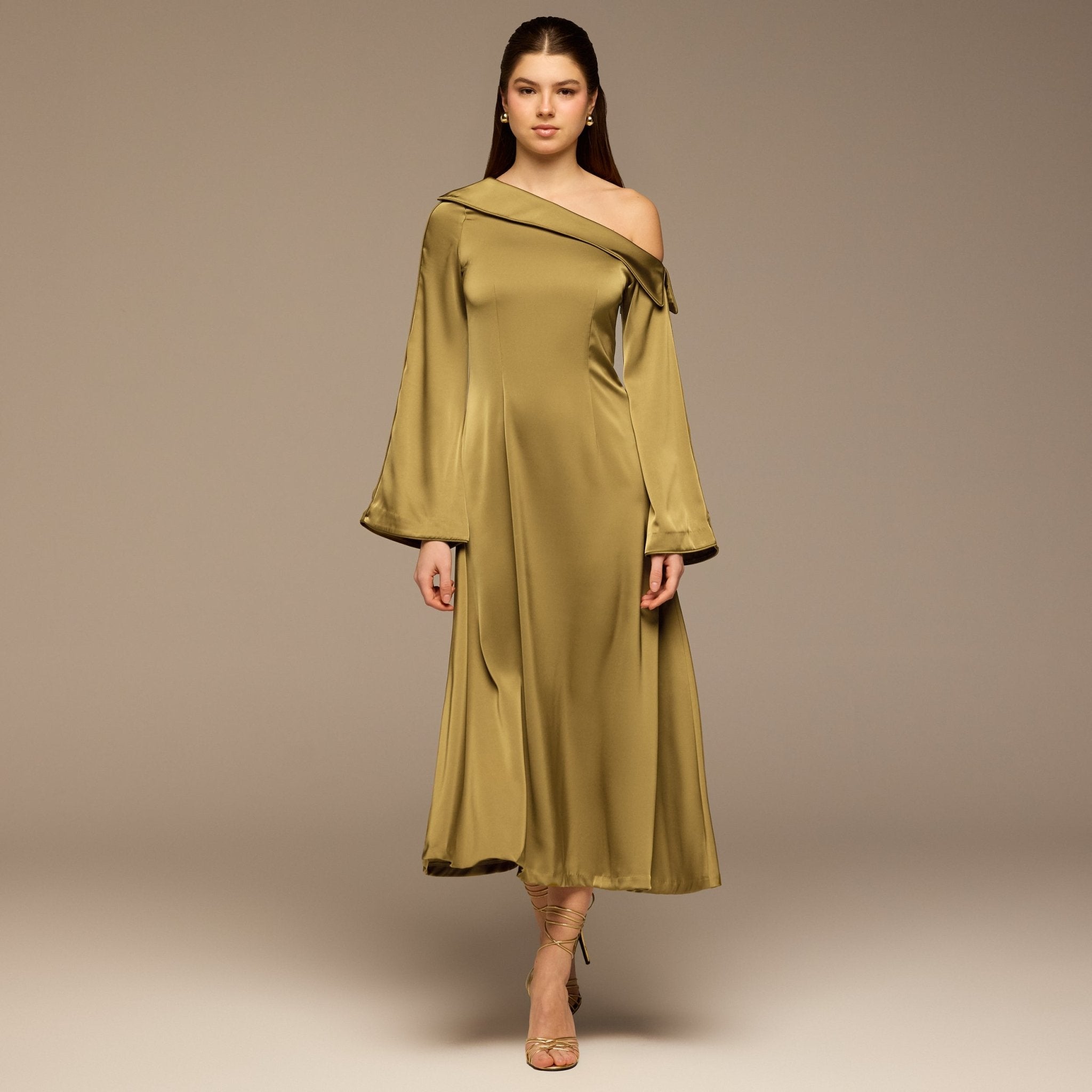 Olive Fold Neck Satin Dress - shopaleena
