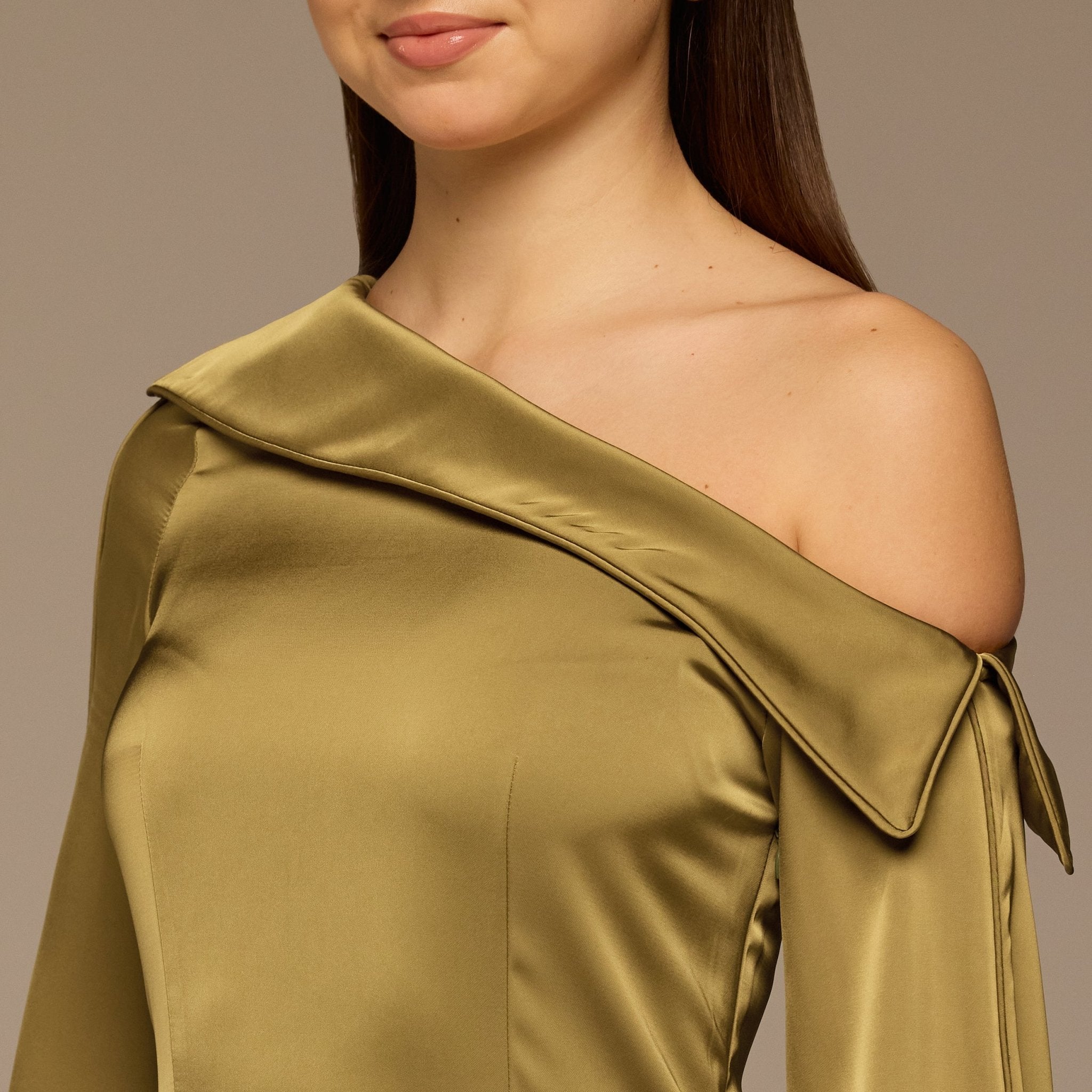 Olive Fold Neck Satin Dress - shopaleena