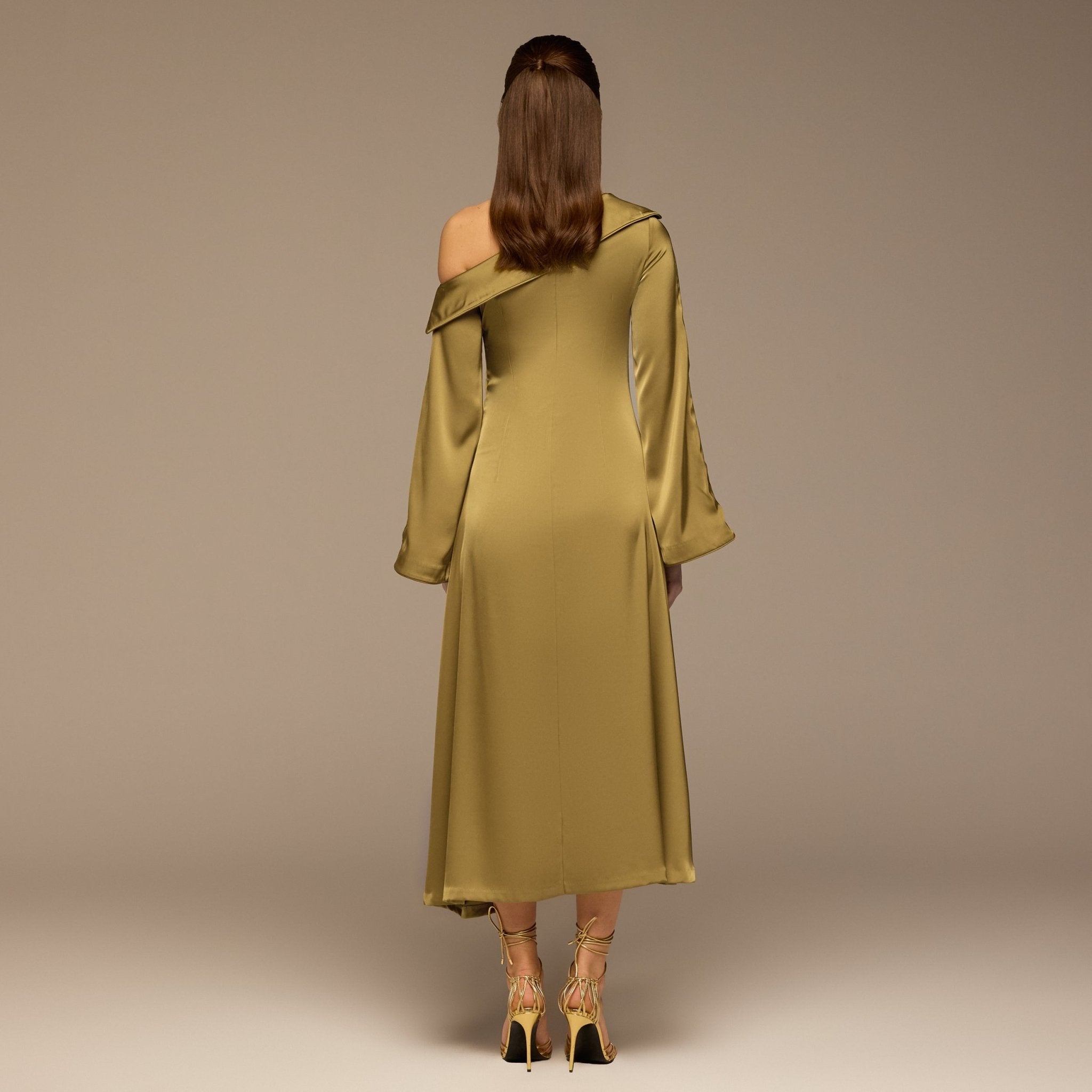 Olive Fold Neck Satin Dress - shopaleena