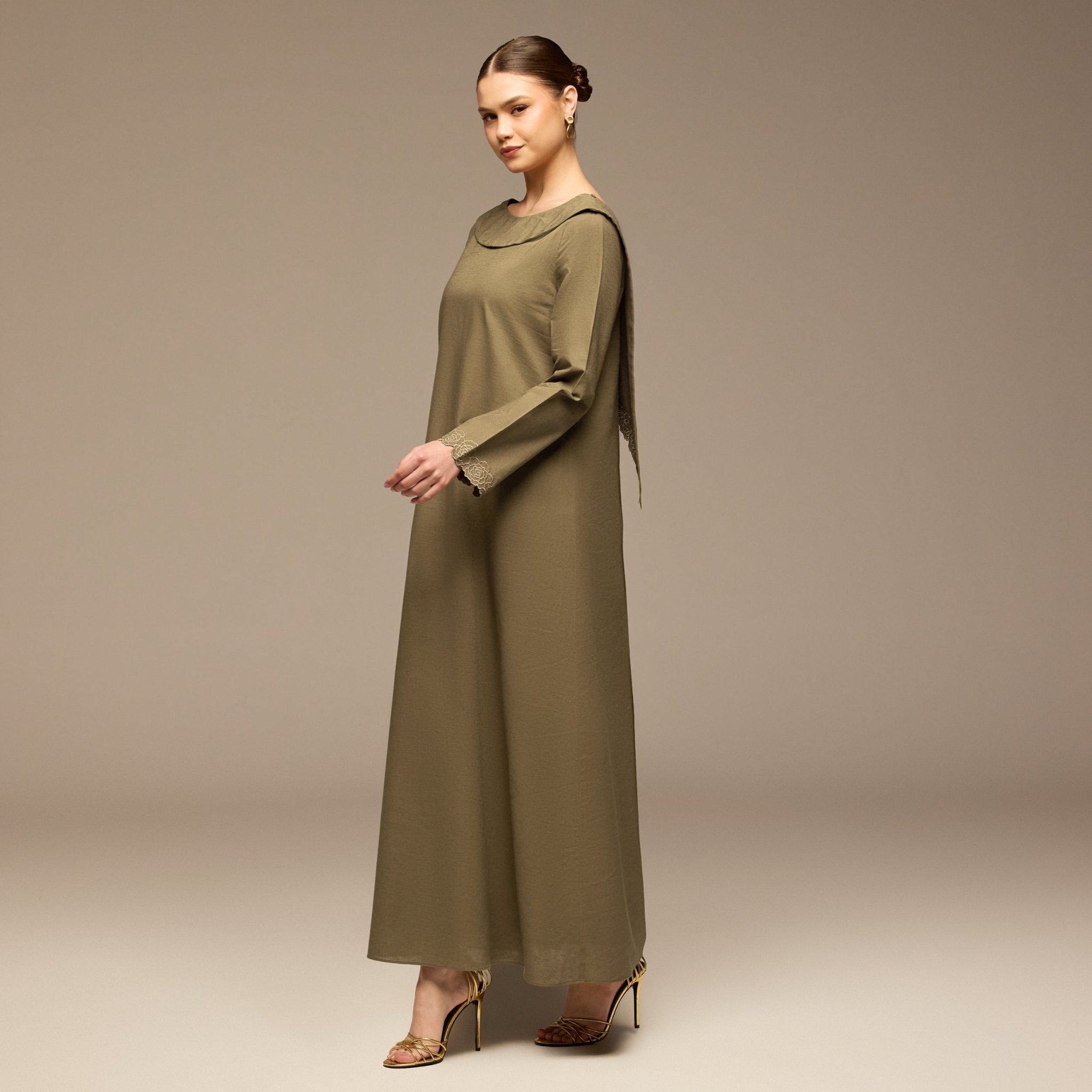 Olive Folded - Neck Linen Maxi Dress - shopaleena