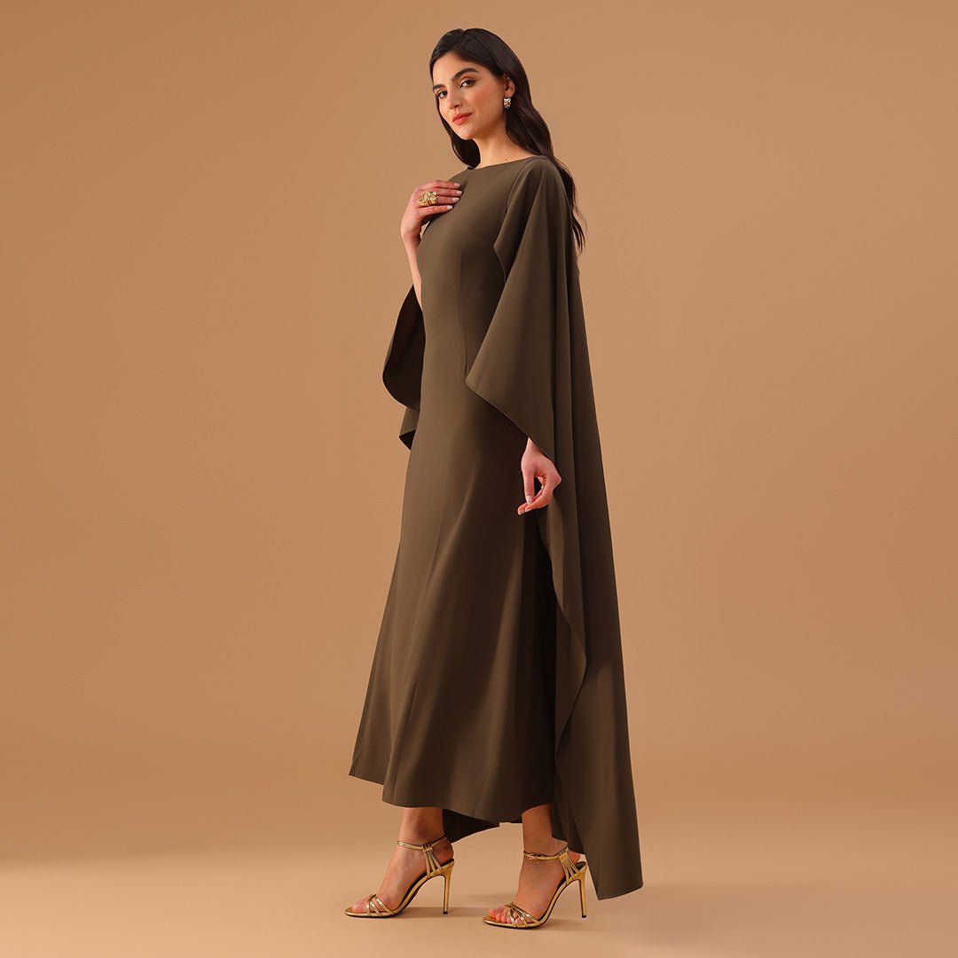 Olive Green Crepe Kaftan with Round Wide Neck - shopaleena