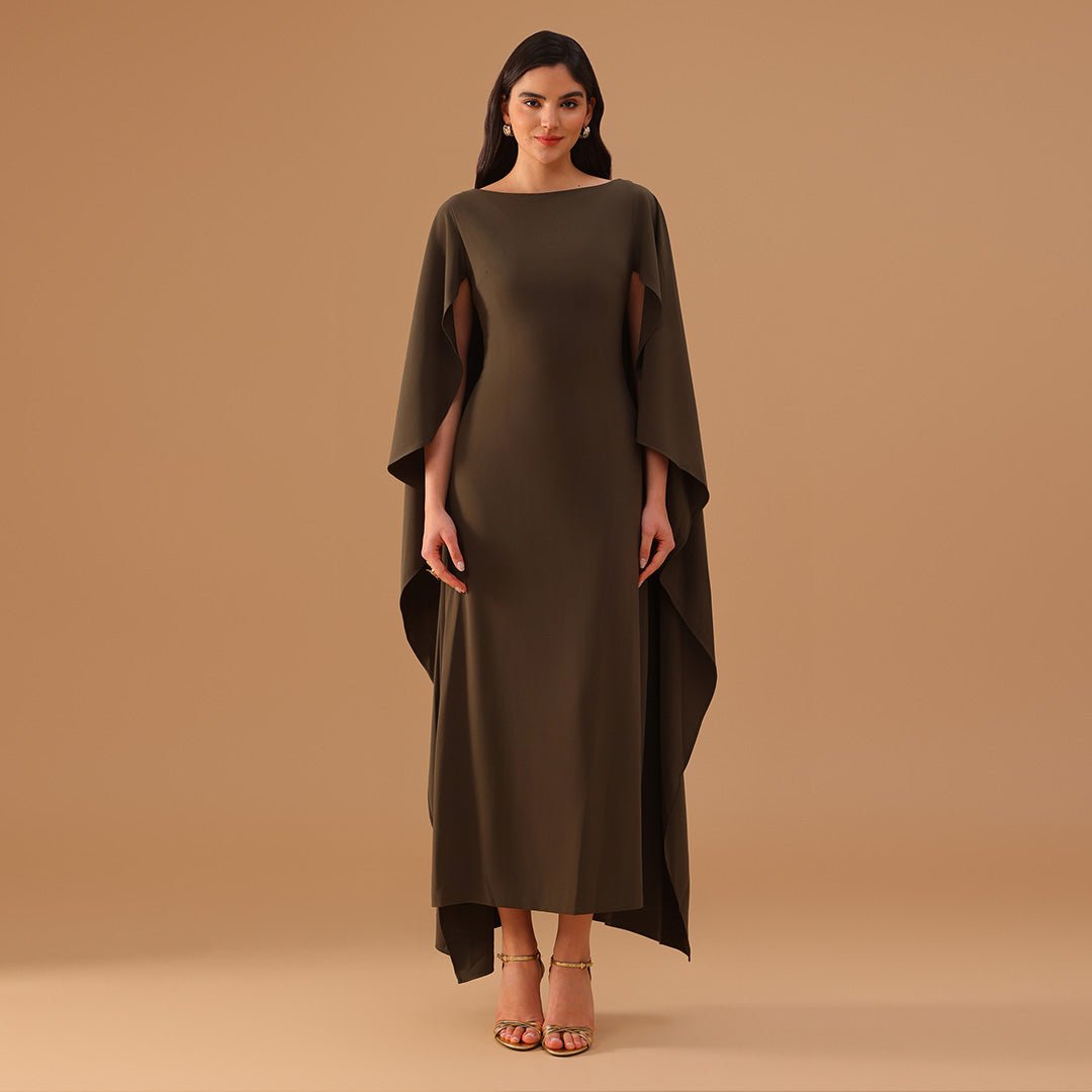 Olive Green Crepe Kaftan with Round Wide Neck - shopaleena