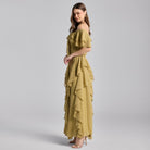 Olive Green Off Shoulder Velvet Maxi Dress With Ruffles - shopaleena