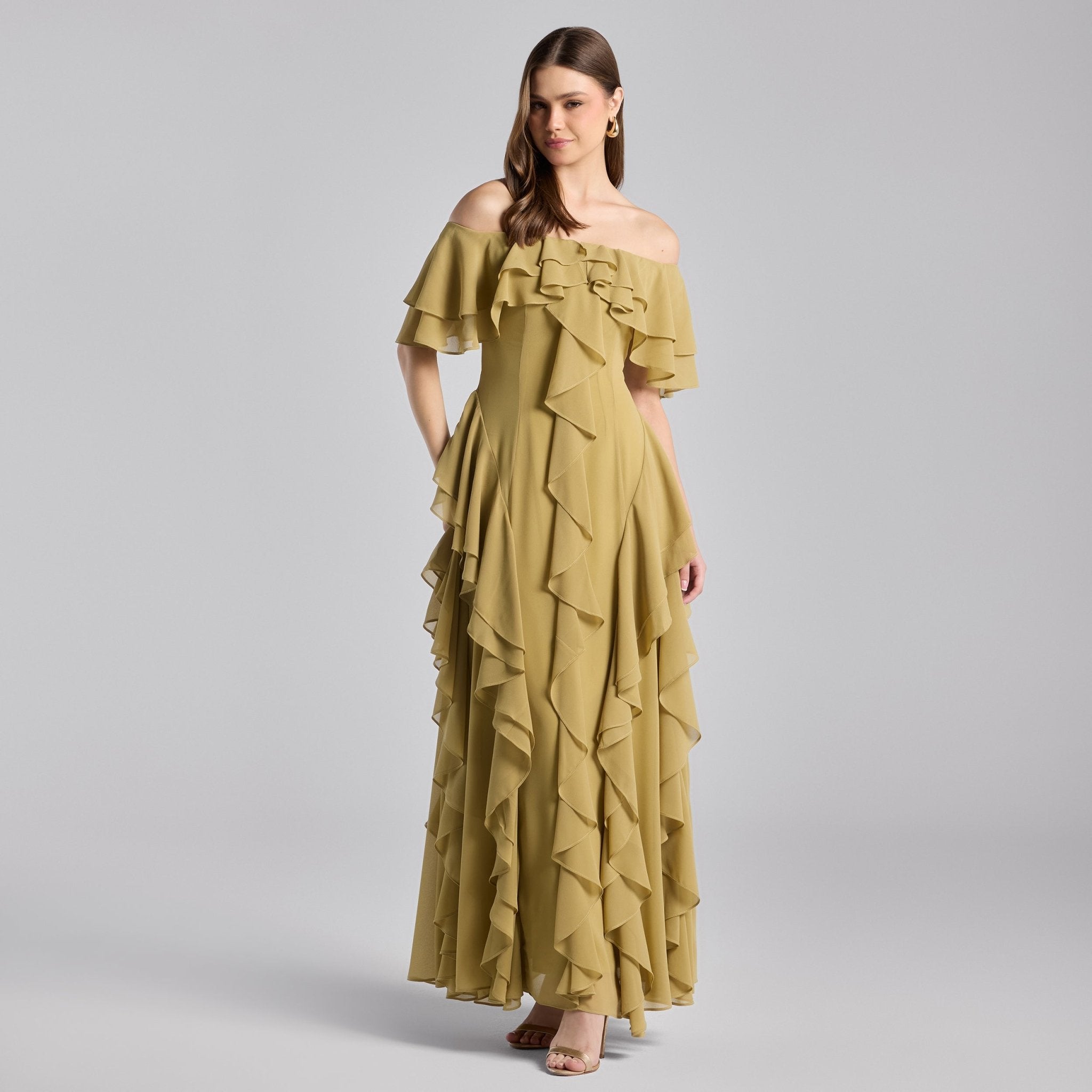 Olive Green Off Shoulder Velvet Maxi Dress With Ruffles - shopaleena