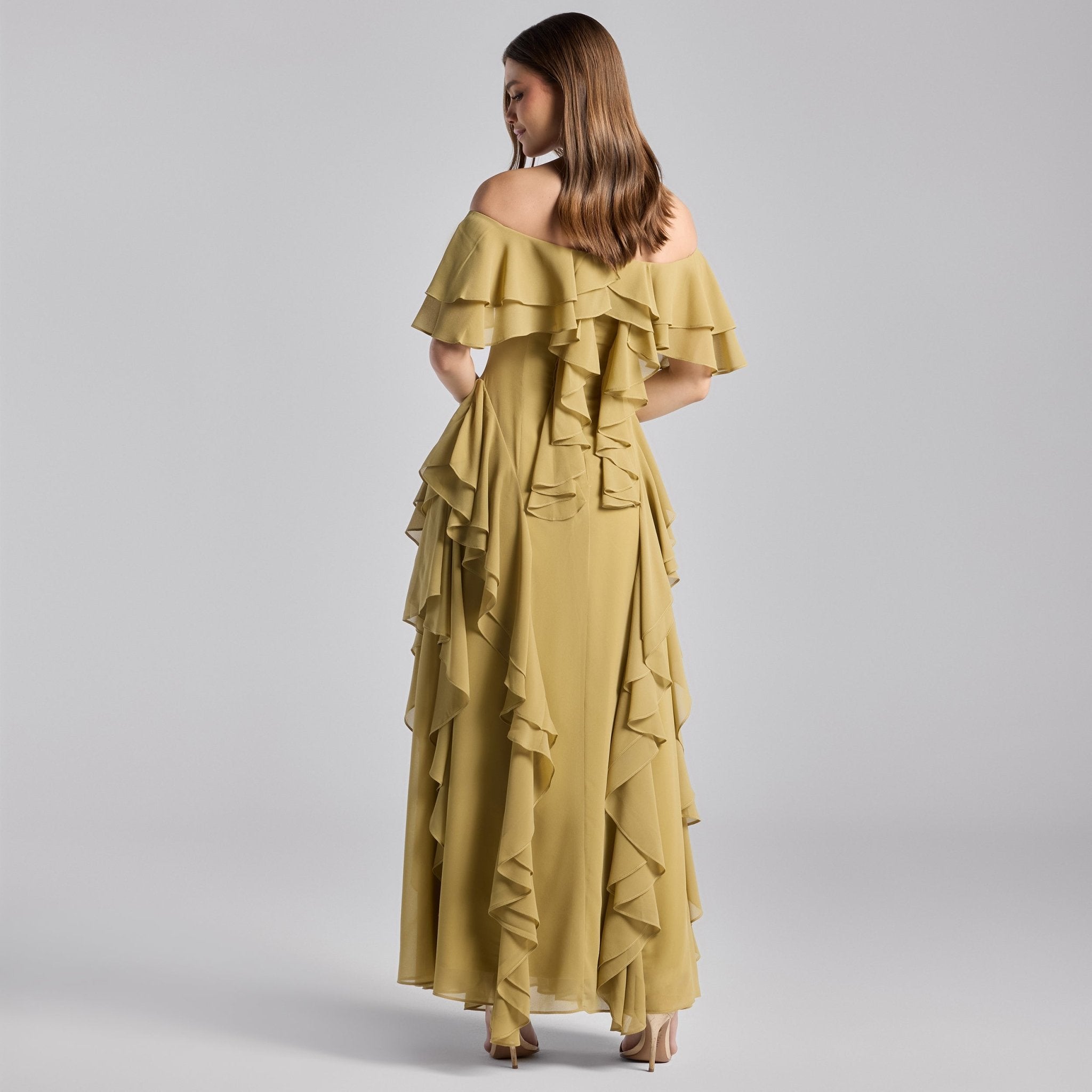 Olive Green Off Shoulder Velvet Maxi Dress With Ruffles - shopaleena