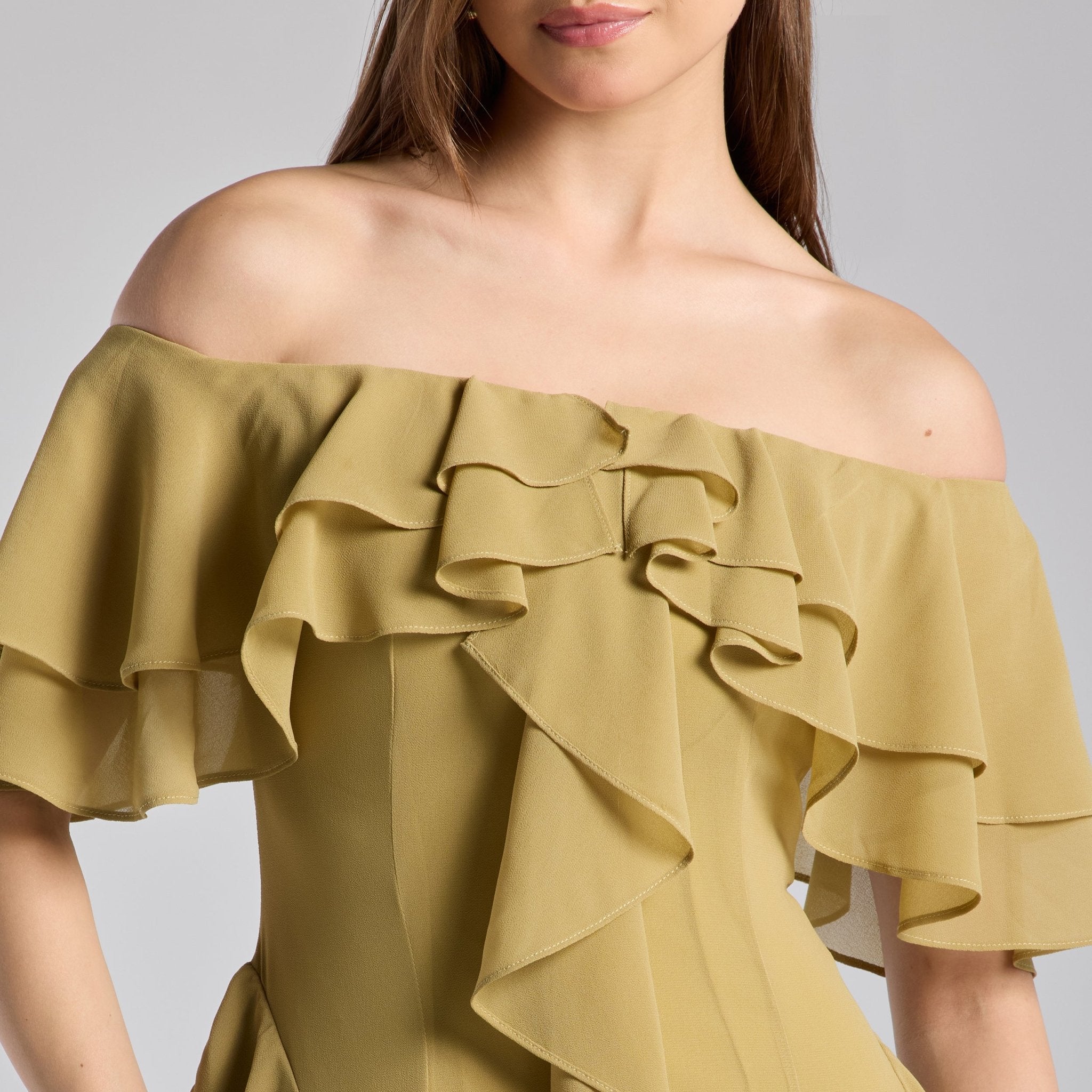 Olive Green Off Shoulder Velvet Maxi Dress With Ruffles - shopaleena