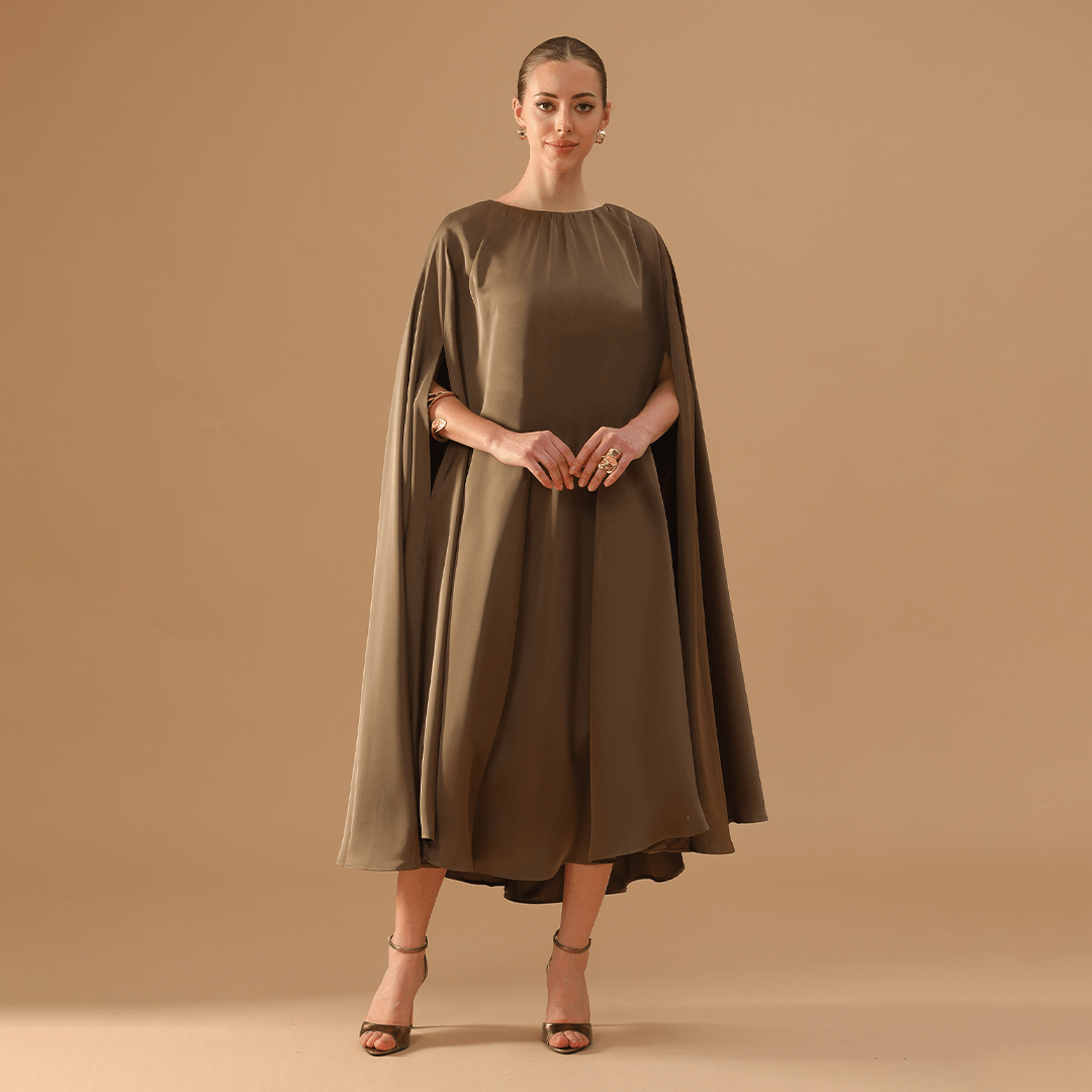 Olive Green Satin Pleated Cap Cut Kaftan - shopaleena