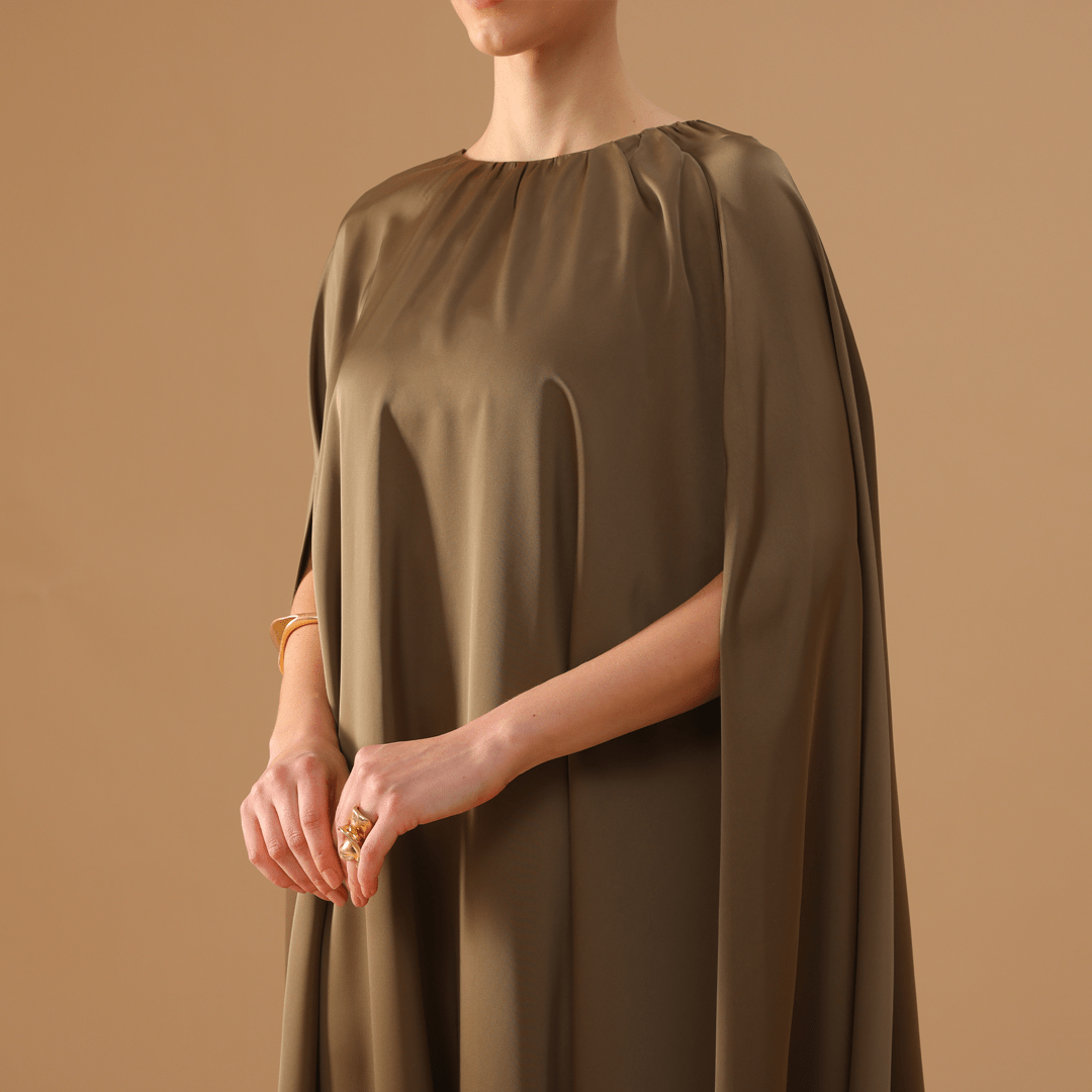 Olive Green Satin Pleated Cap Cut Kaftan - shopaleena