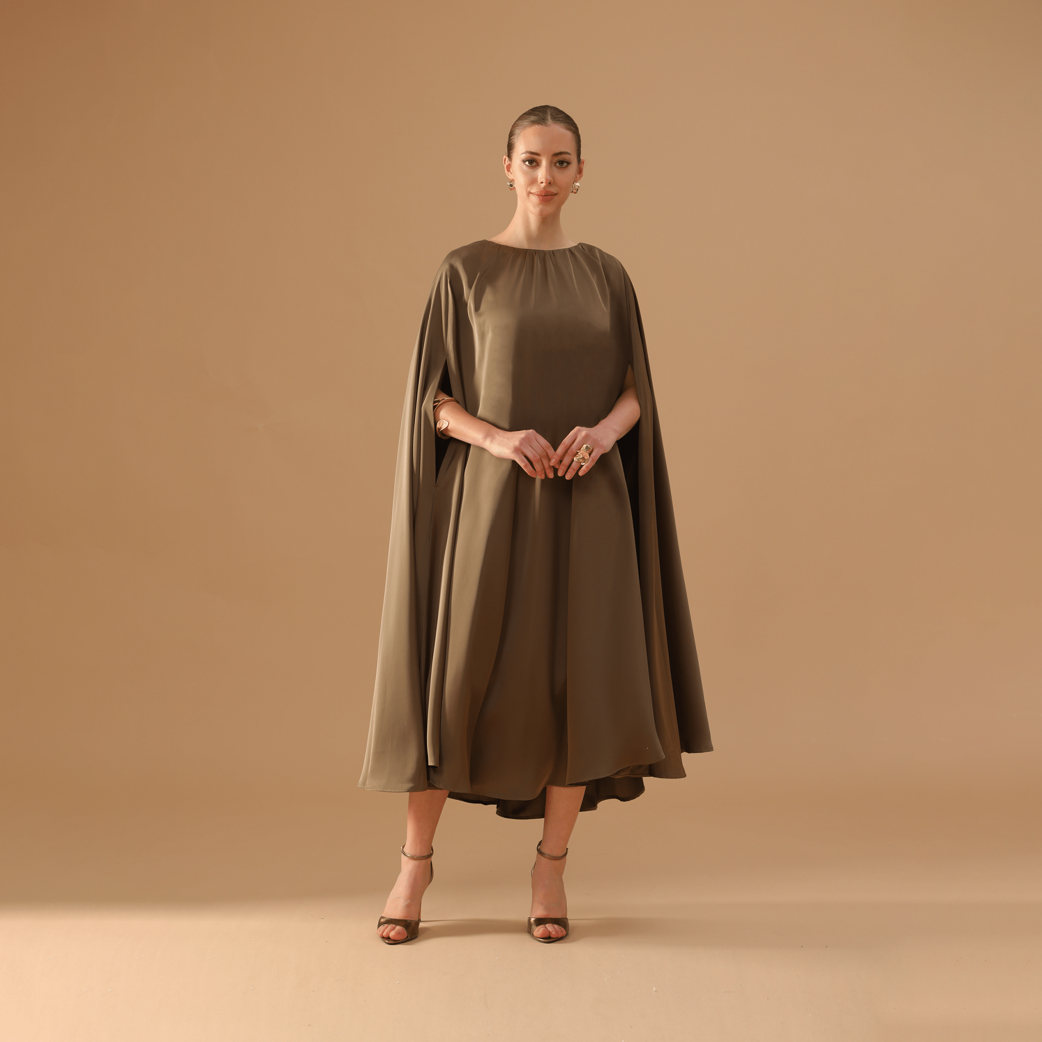 Olive Green Satin Pleated Cap Cut Kaftan - shopaleena