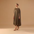 Olive Green Satin Pleated Cap Cut Kaftan - shopaleena