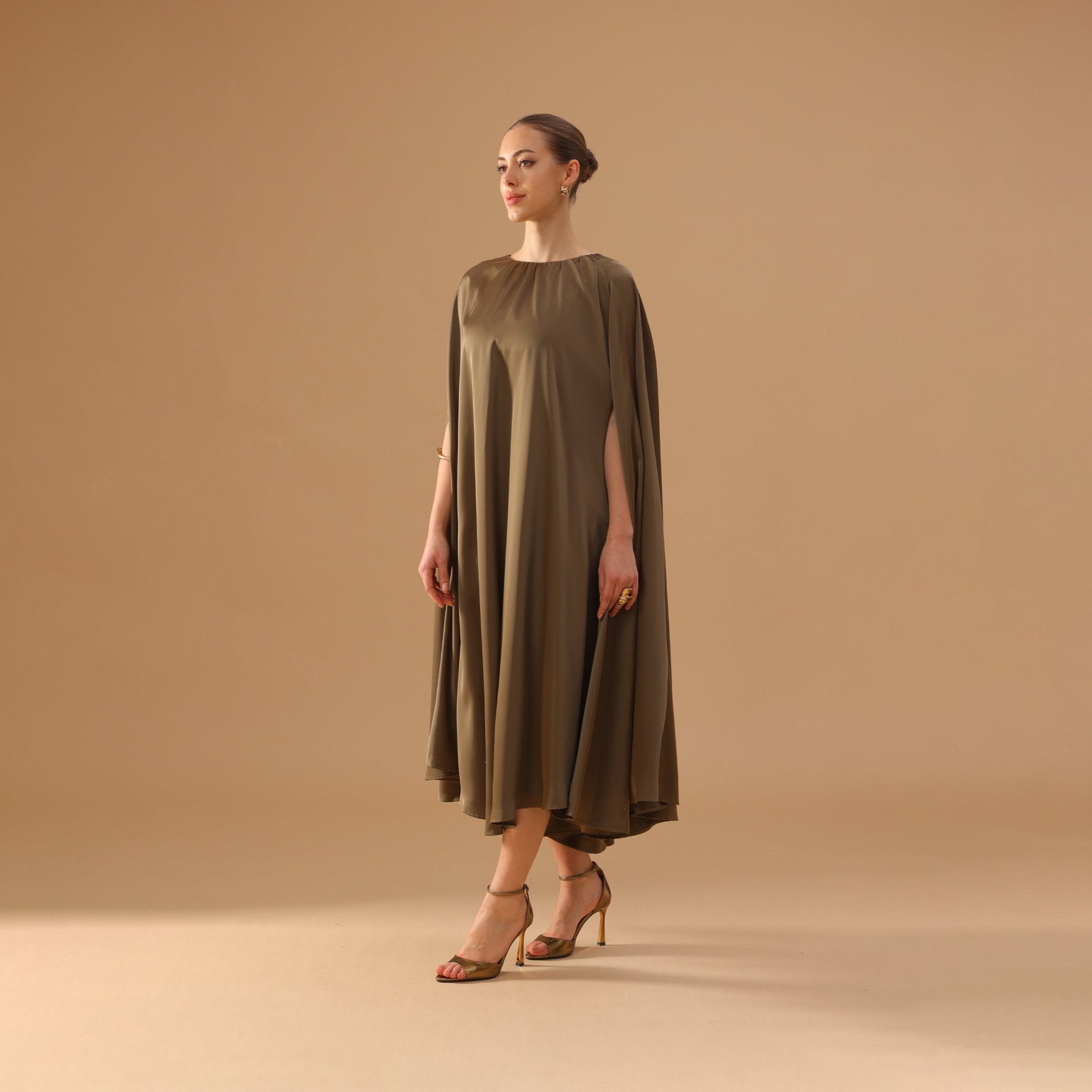 Olive Green Satin Pleated Cap Cut Kaftan - shopaleena