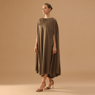 Olive Green Satin Pleated Cap Cut Kaftan - shopaleena