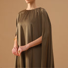 Olive Green Satin Pleated Cap Cut Kaftan - shopaleena