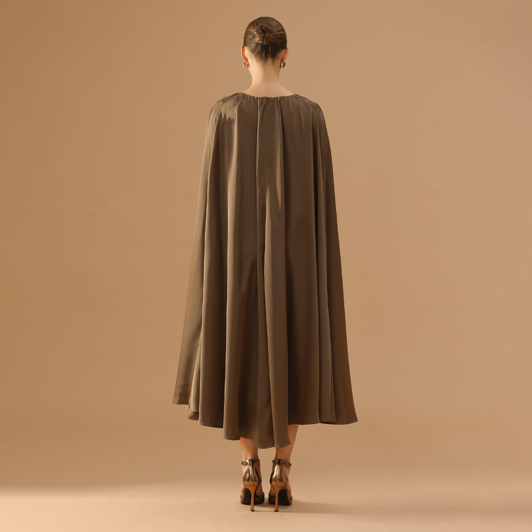 Olive Green Satin Pleated Cap Cut Kaftan - shopaleena