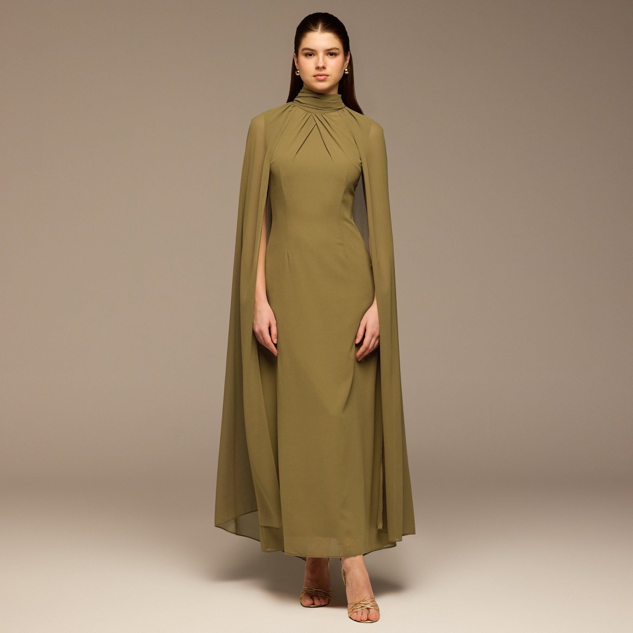 Olive High Neck Chiffon Maxi Dress - shopaleena