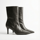 Olive Leather Mid - Calf High Heel Boots - shopaleena