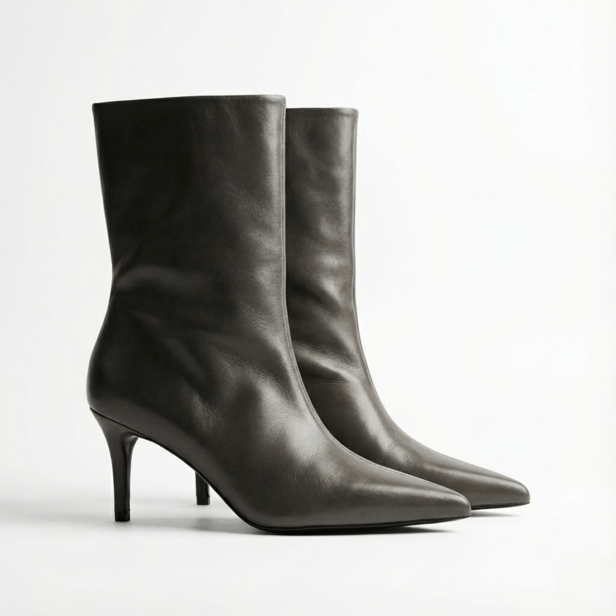 Olive Leather Mid - Calf High Heel Boots - shopaleena