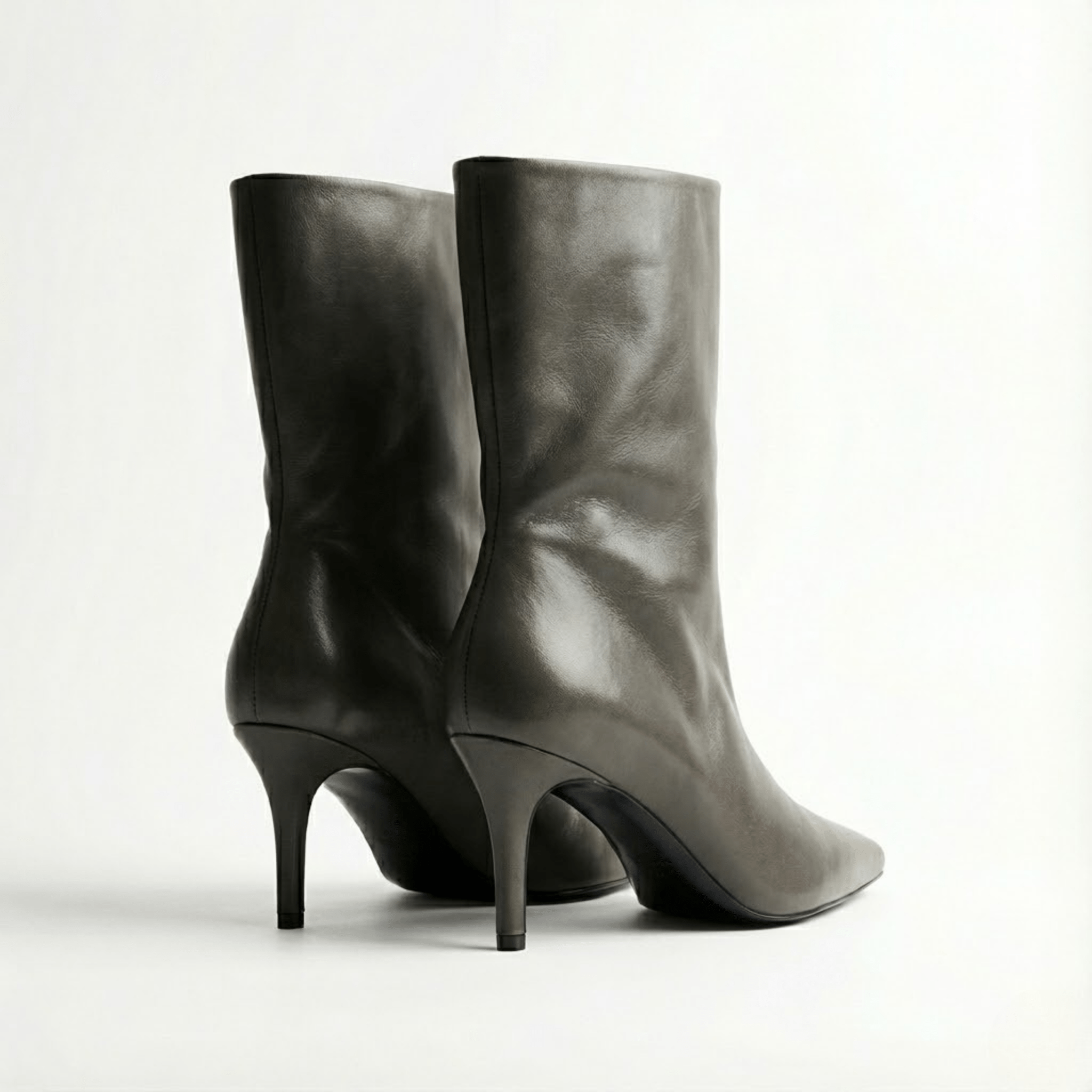 Olive Leather Mid - Calf High Heel Boots - shopaleena