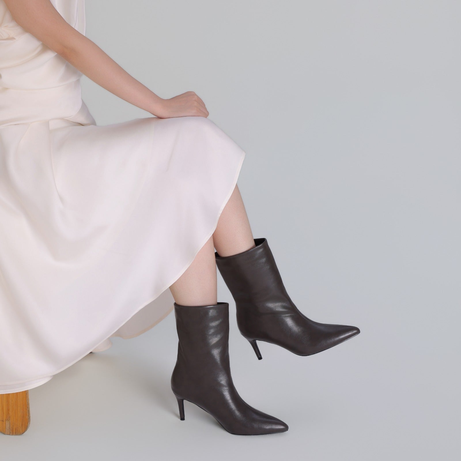 Olive Leather Mid - Calf High Heel Boots - shopaleena