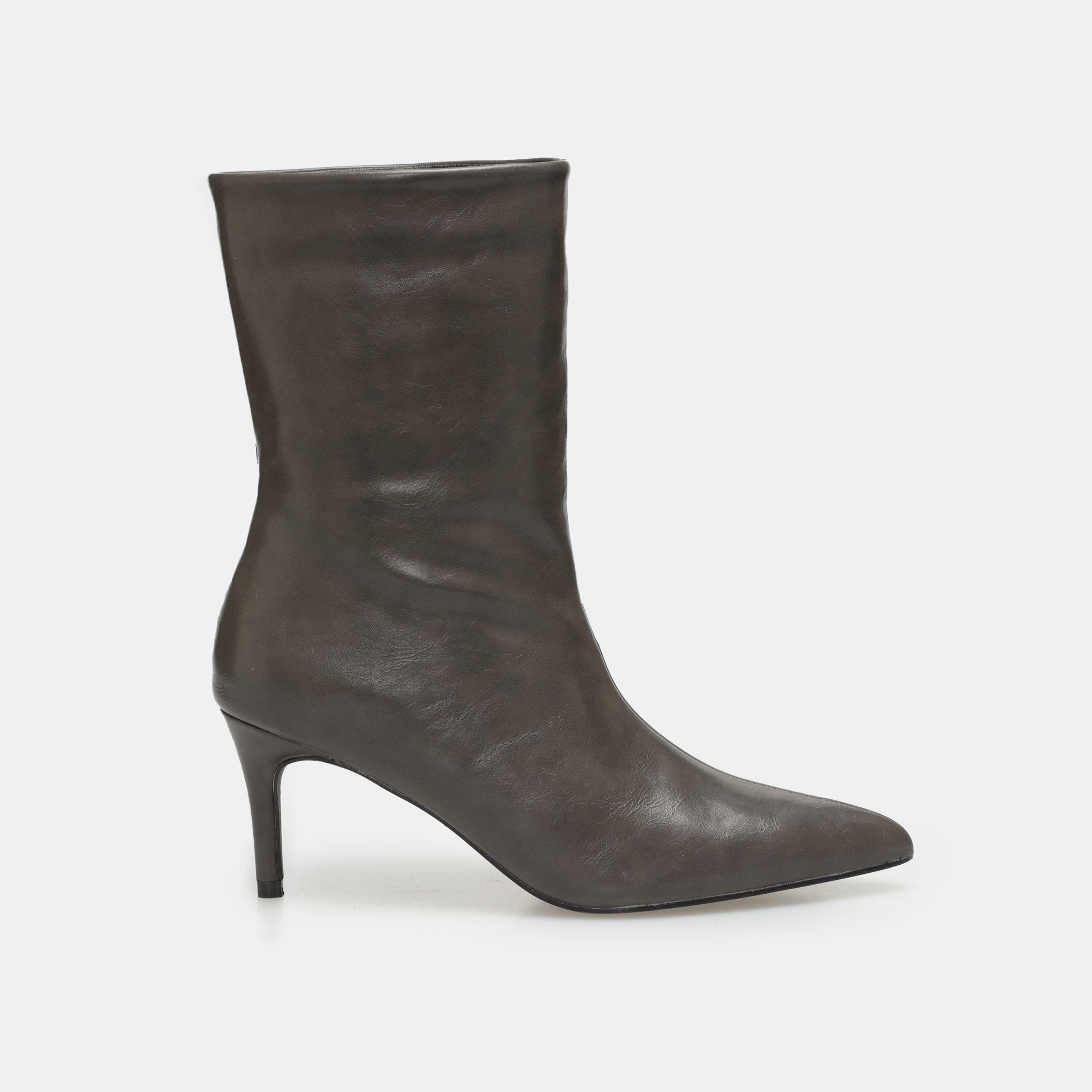 Olive Leather Mid - Calf High Heel Boots - shopaleena