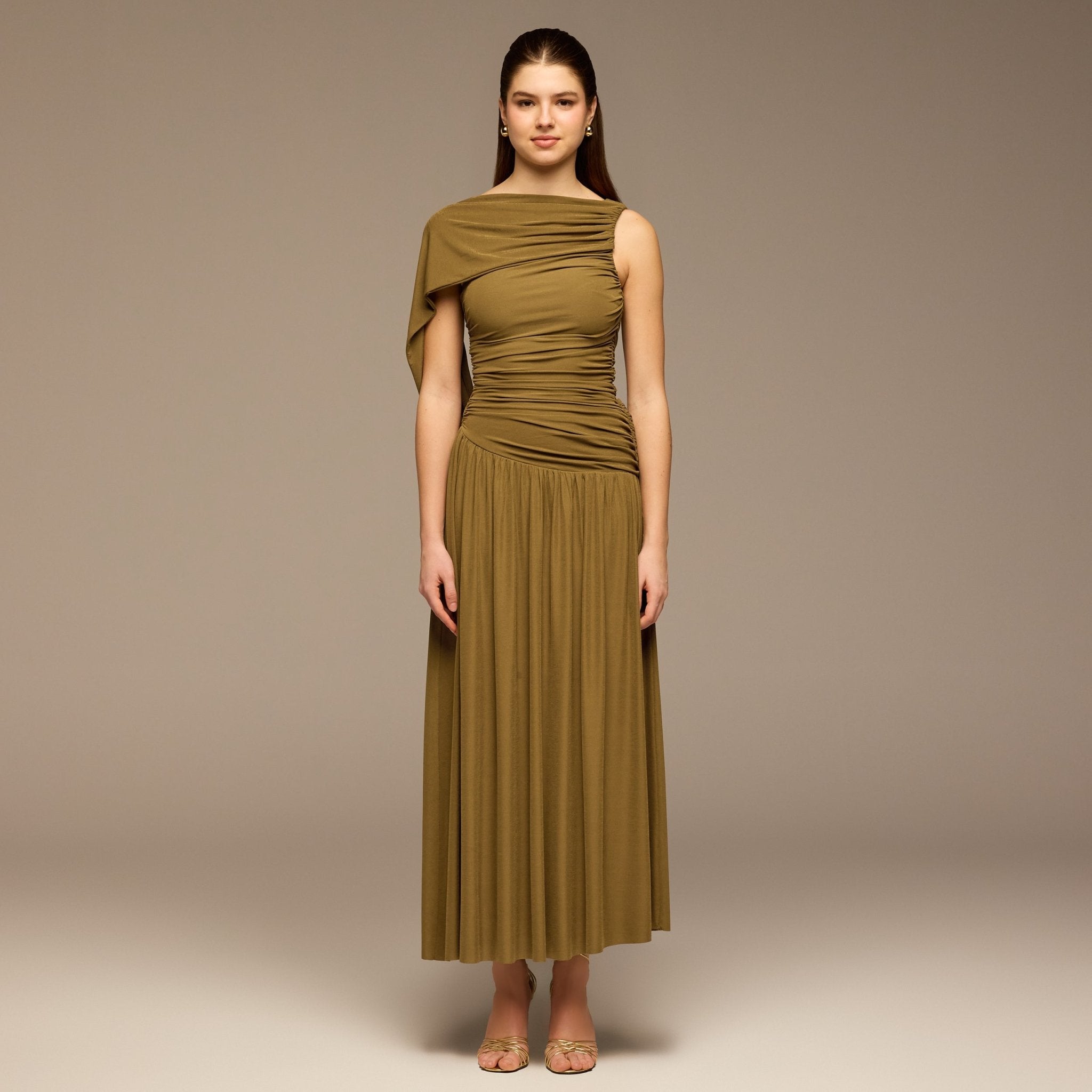 Olive Ruched Jersey Maxi Dress - shopaleena
