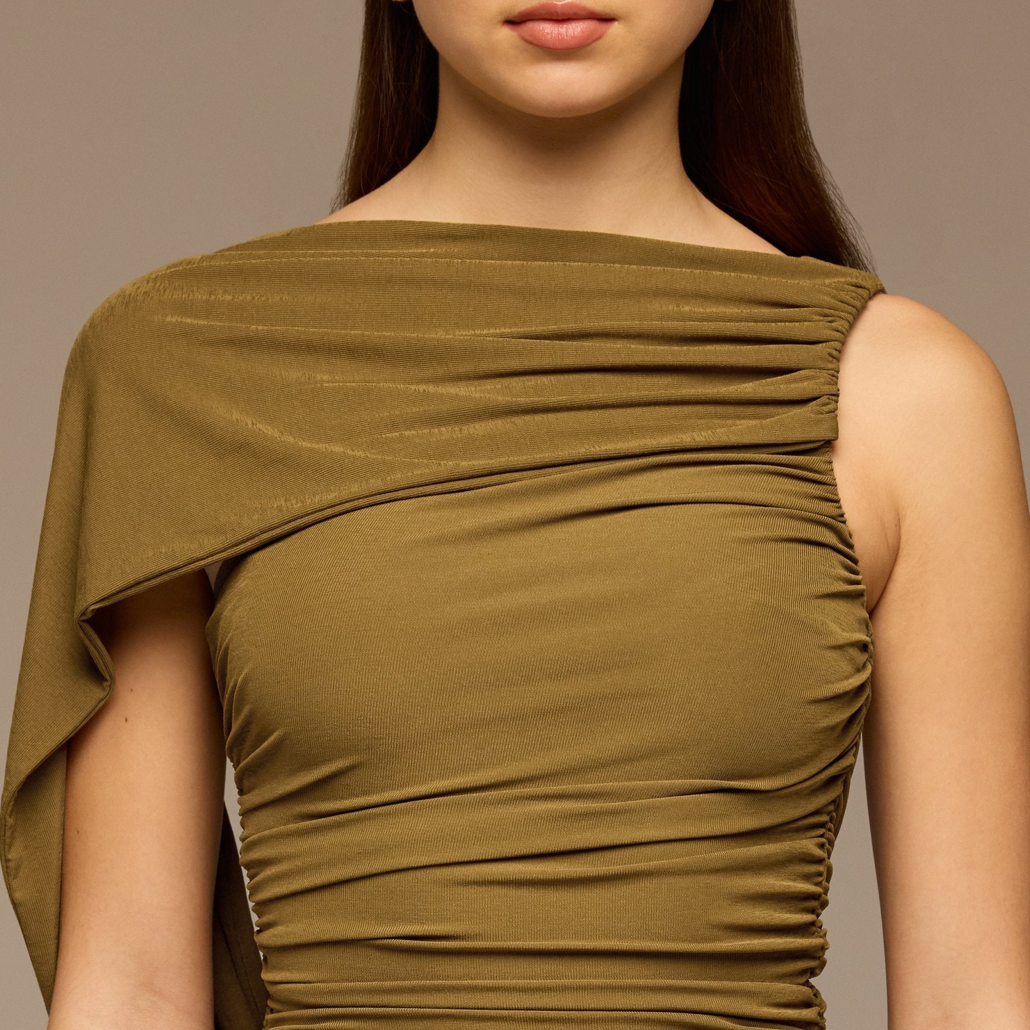 Olive Ruched Jersey Maxi Dress - shopaleena