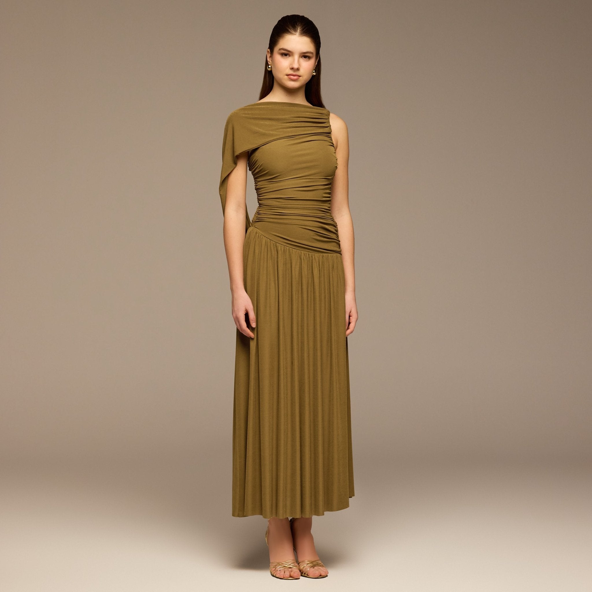 Olive Ruched Jersey Maxi Dress - shopaleena
