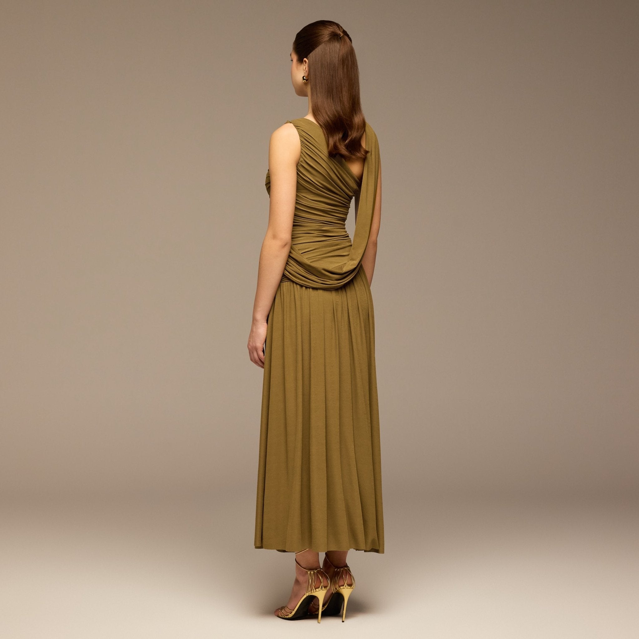 Olive Ruched Jersey Maxi Dress - shopaleena