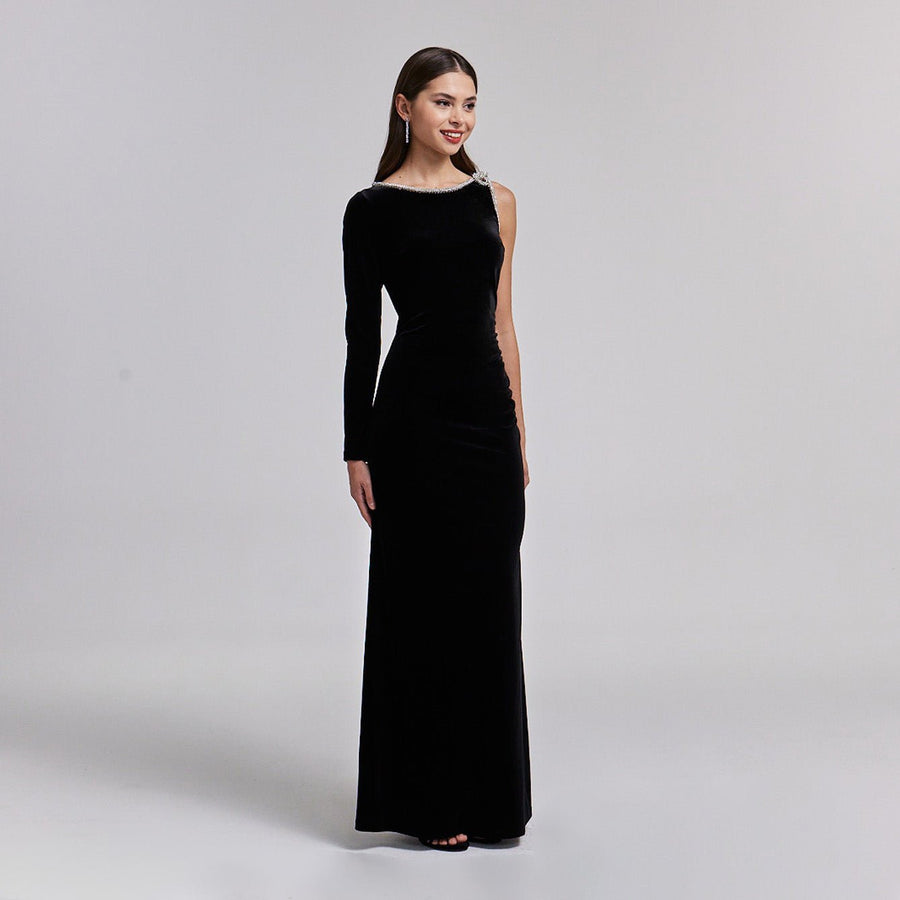 One - Shoulder Black Velvet Maxi Dress with Sparkling Shoulder Detail - shopaleena