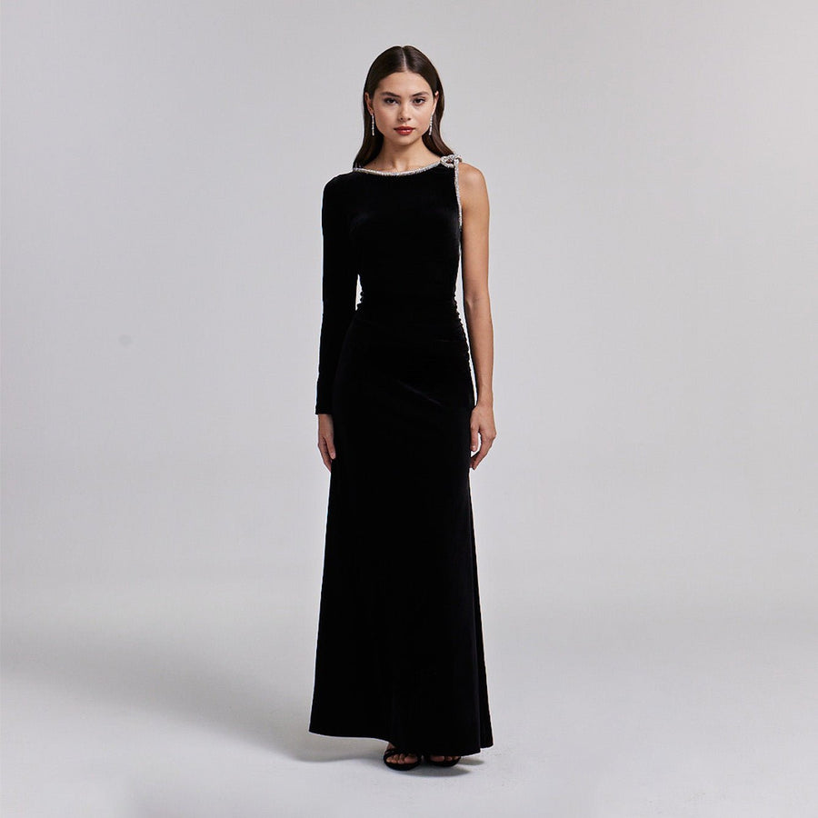 One - Shoulder Black Velvet Maxi Dress with Sparkling Shoulder Detail - shopaleena