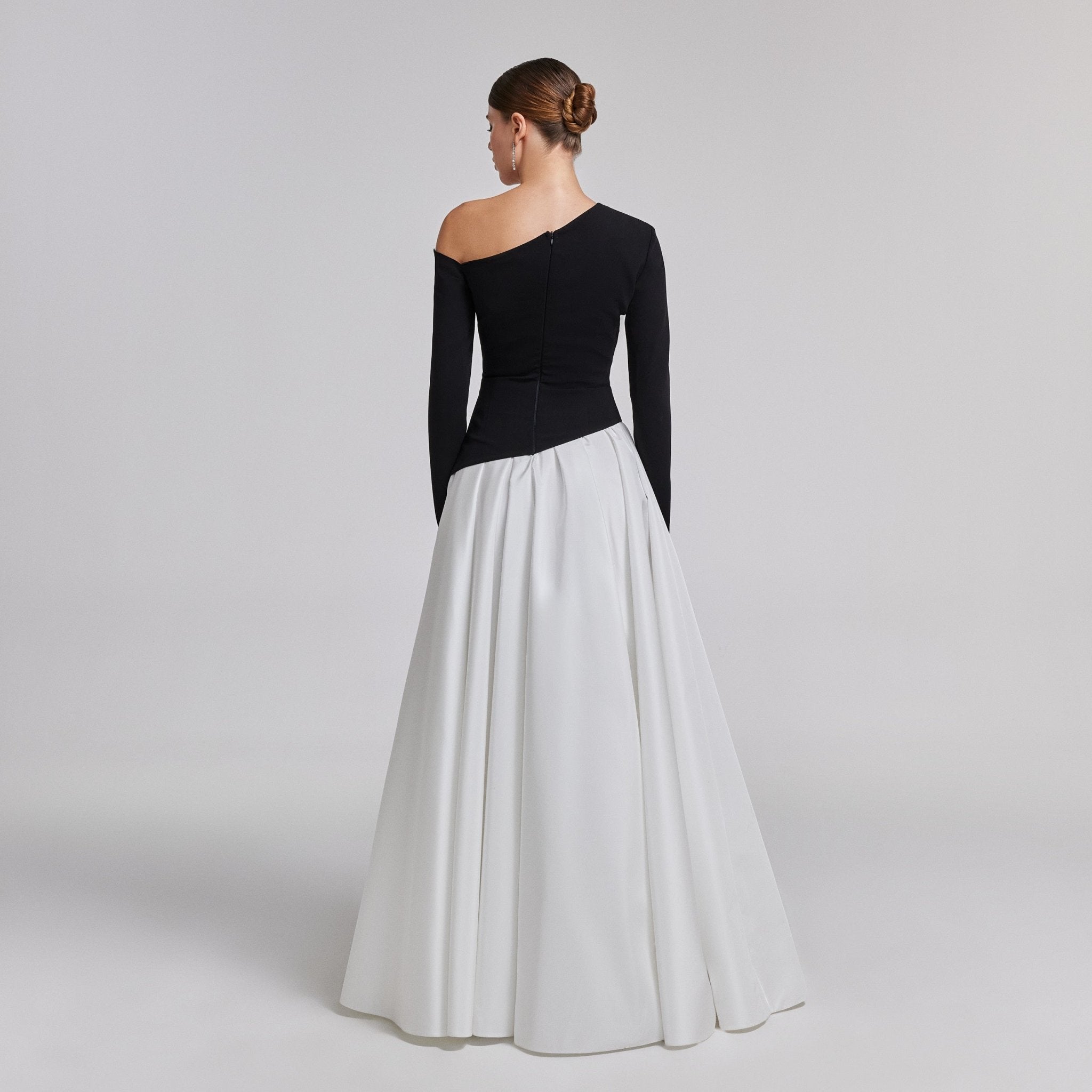 One - Shoulder Black & White Crepe and Taffeta Ball Gown - shopaleena