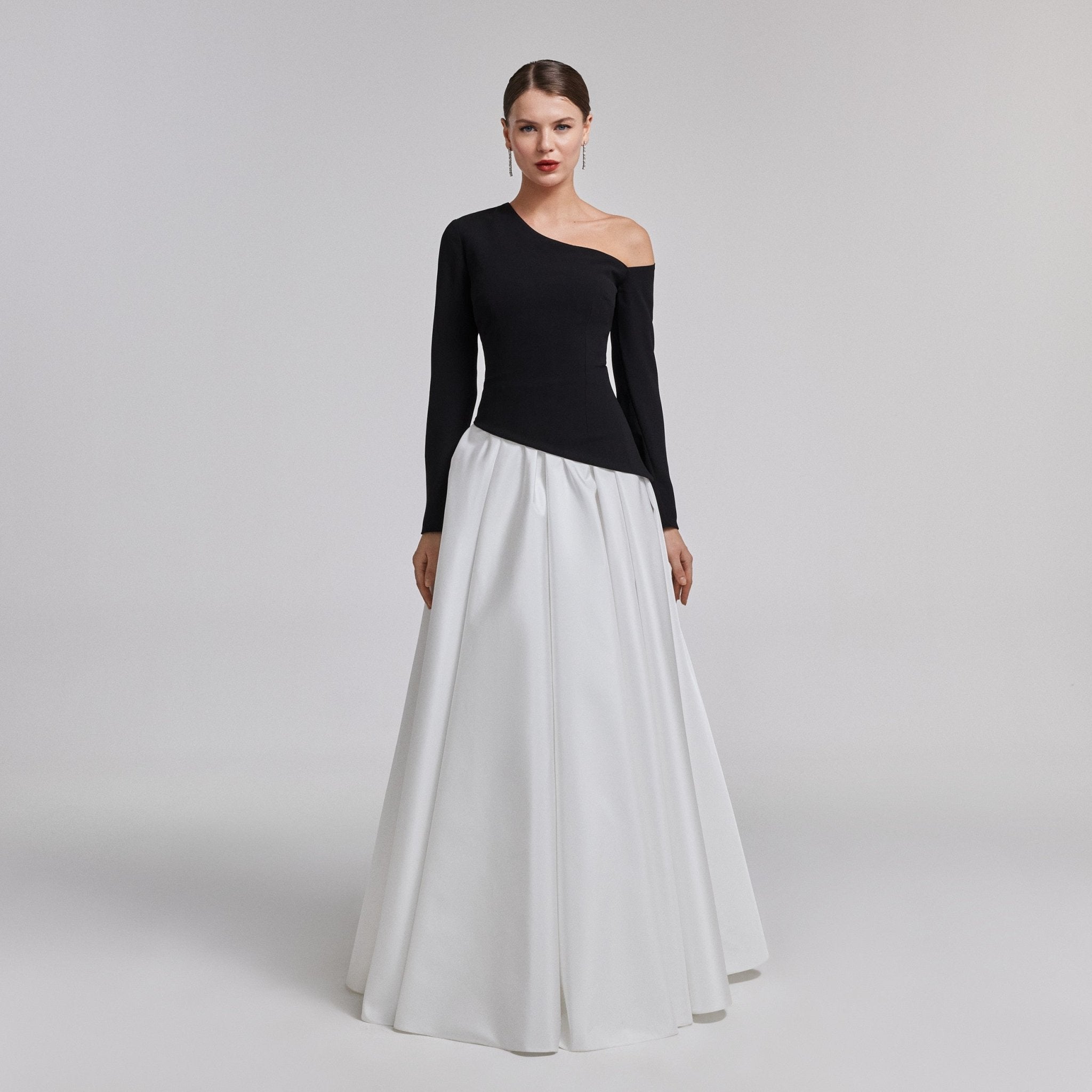 One - Shoulder Black & White Crepe and Taffeta Ball Gown - shopaleena