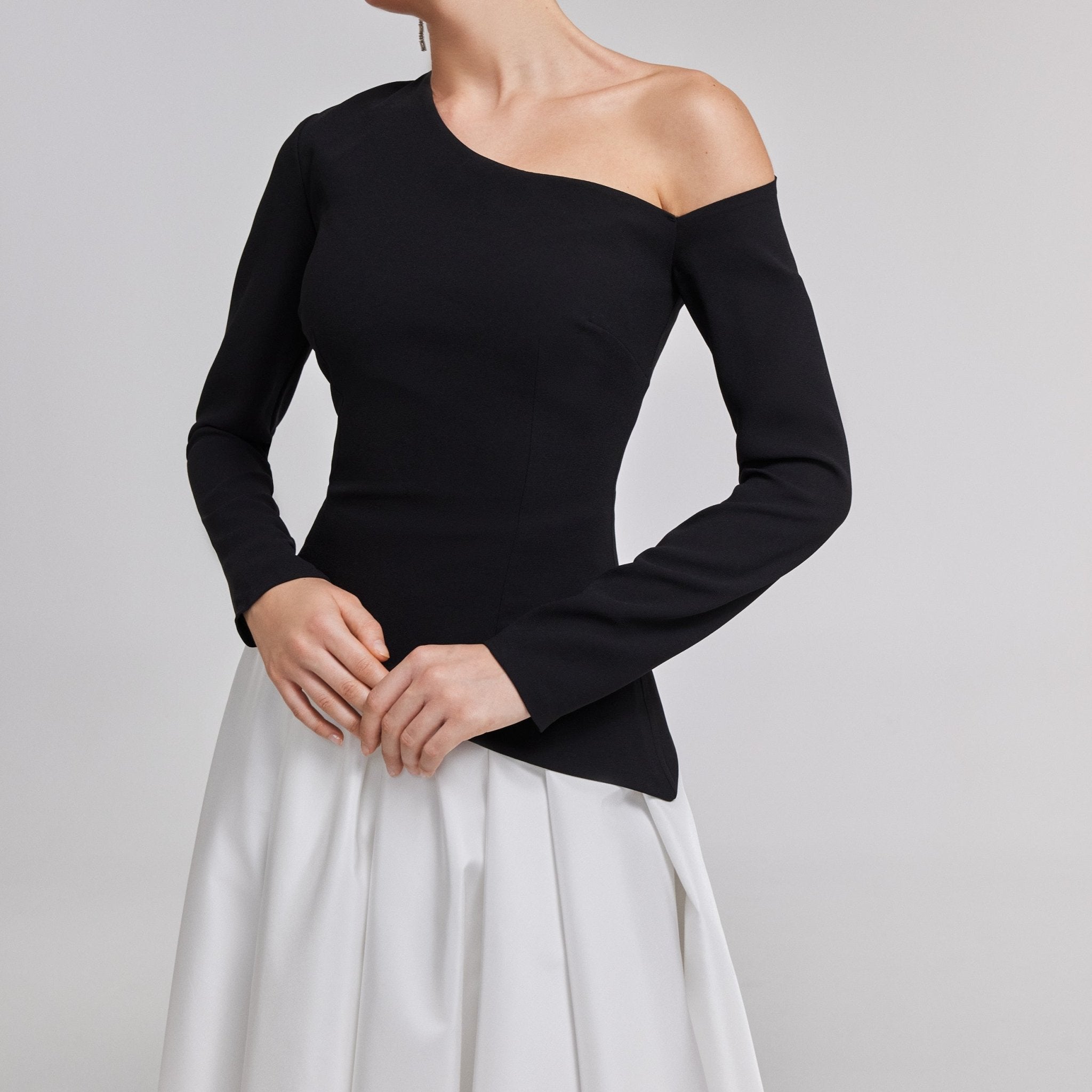 One - Shoulder Black & White Crepe and Taffeta Ball Gown - shopaleena